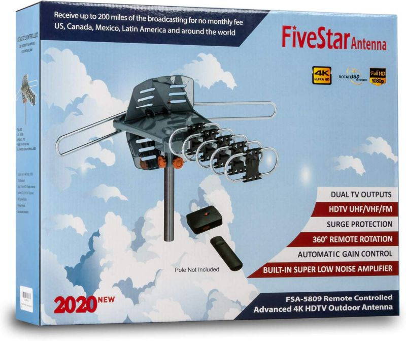 FiveStar [Newest 2020] HDTV Antenna Amplified Digital Outdoor Antenna 150 Miles Range, 360 Degree Rotation Wireless Remote, with 40FT RG6 Coax Cable Installation Kit and Mounting Pole 5 TVs