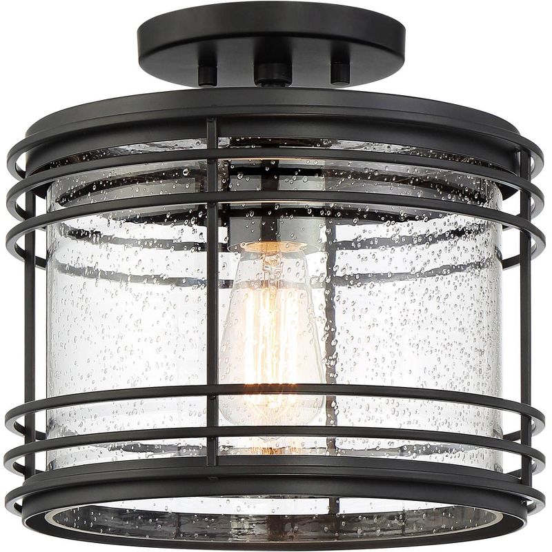 Possini Euro Design Modern Outdoor Ceiling Light Fixture Black Geometric 11" Clear Seedy Glass for Exterior House Porch Patio Deck