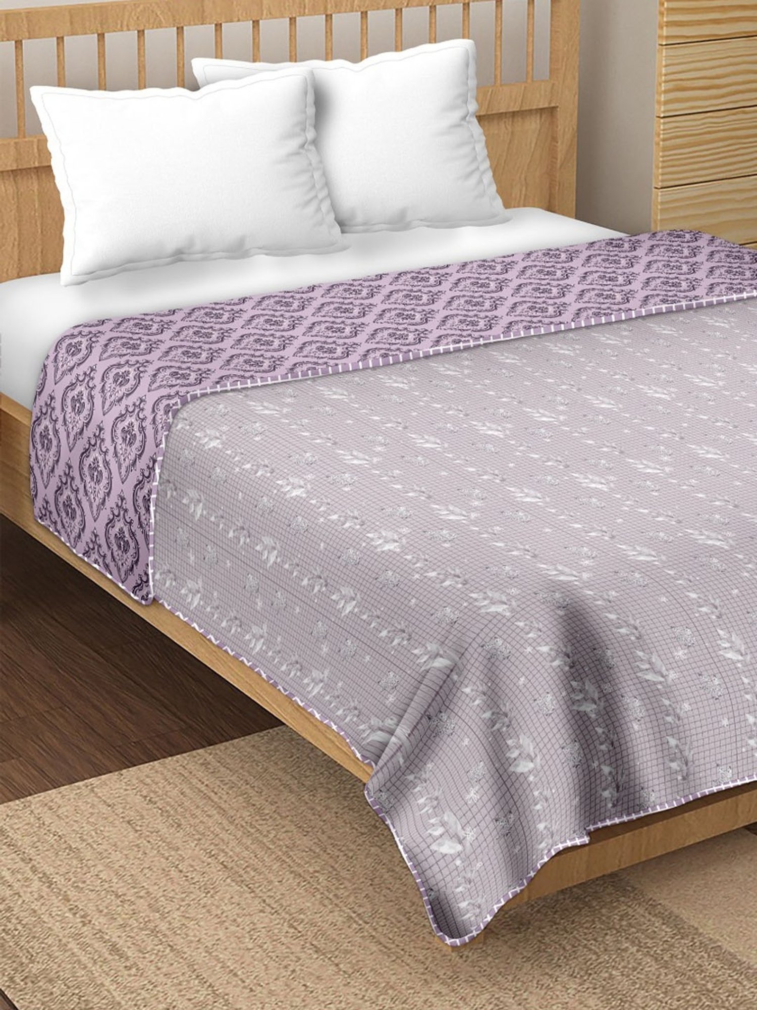 BELLA CASA Finland Printed Grey & Purple 180 TC Cotton King Reversible AC Dohar
