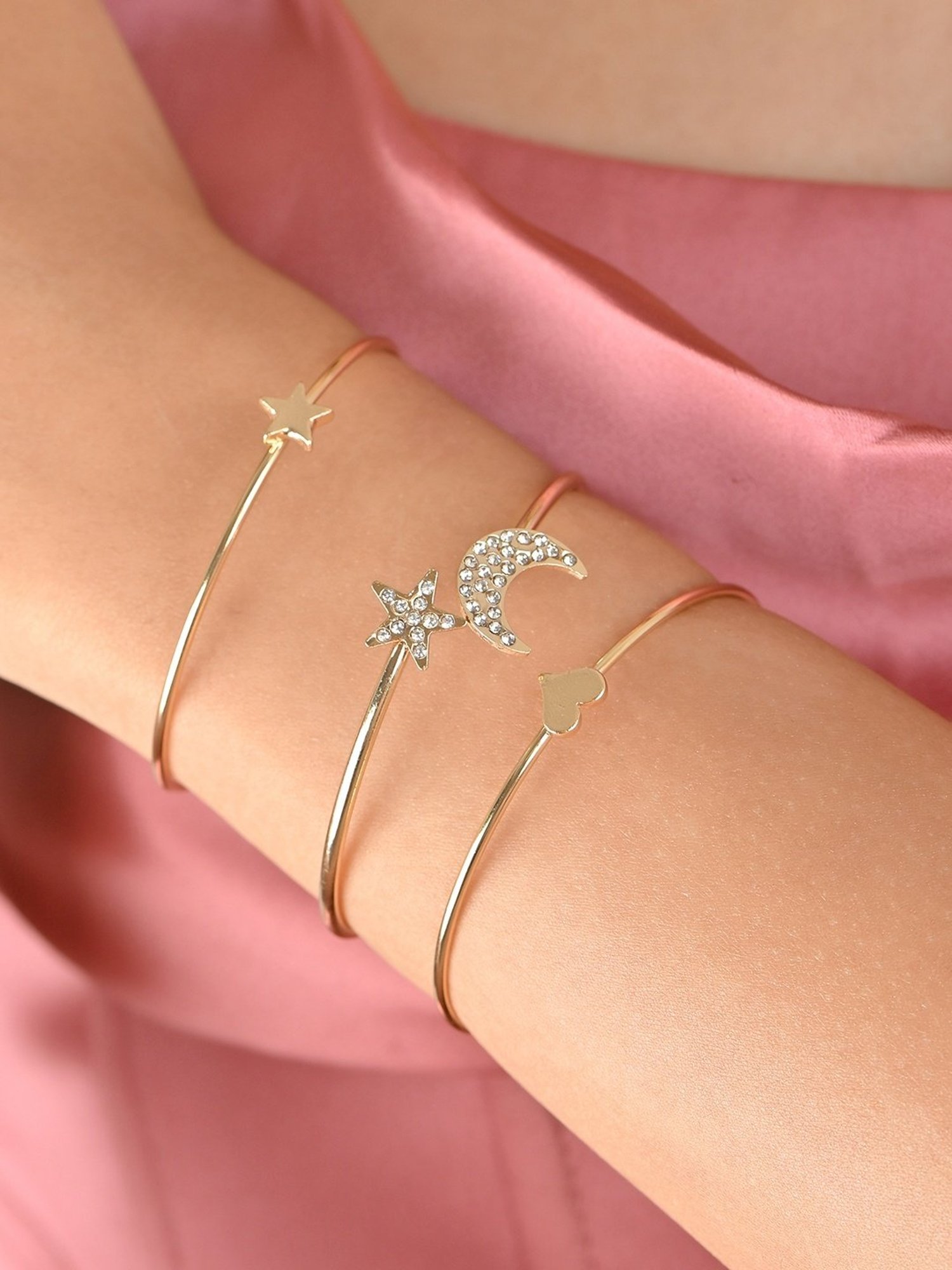 Toniq Gold-Plated Star and Moon Shape Bracelet Kada - Set of 3