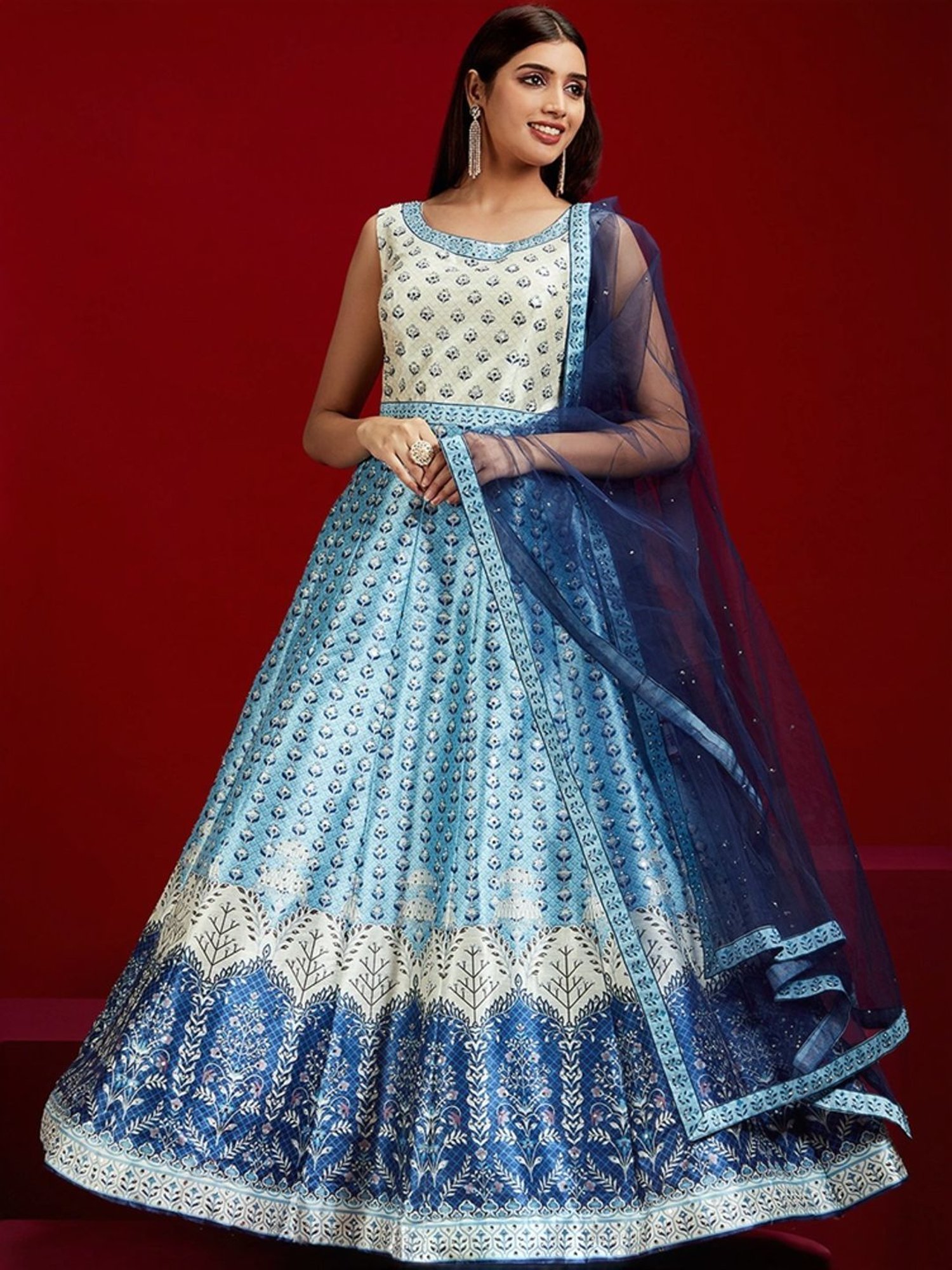 Libas Art Blue & White Printed Maxi Dress With Dupatta