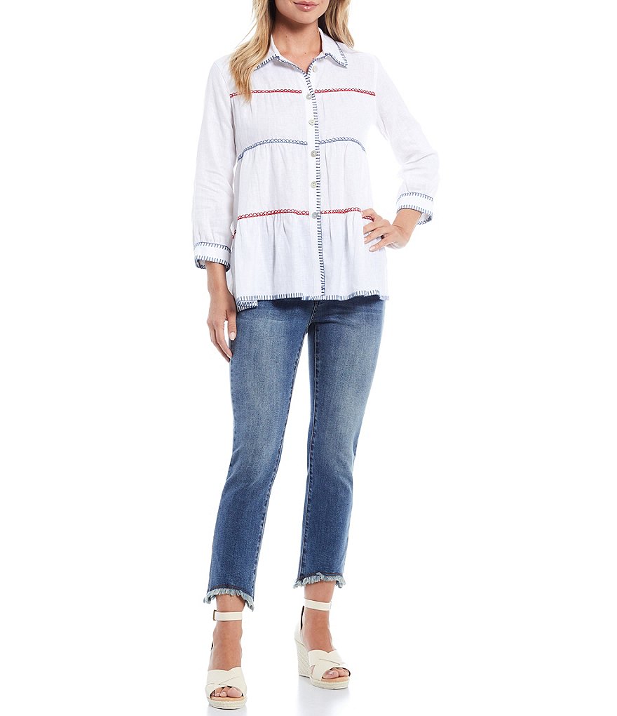 John Mark Linen Cross Stitch Tiered Blouse