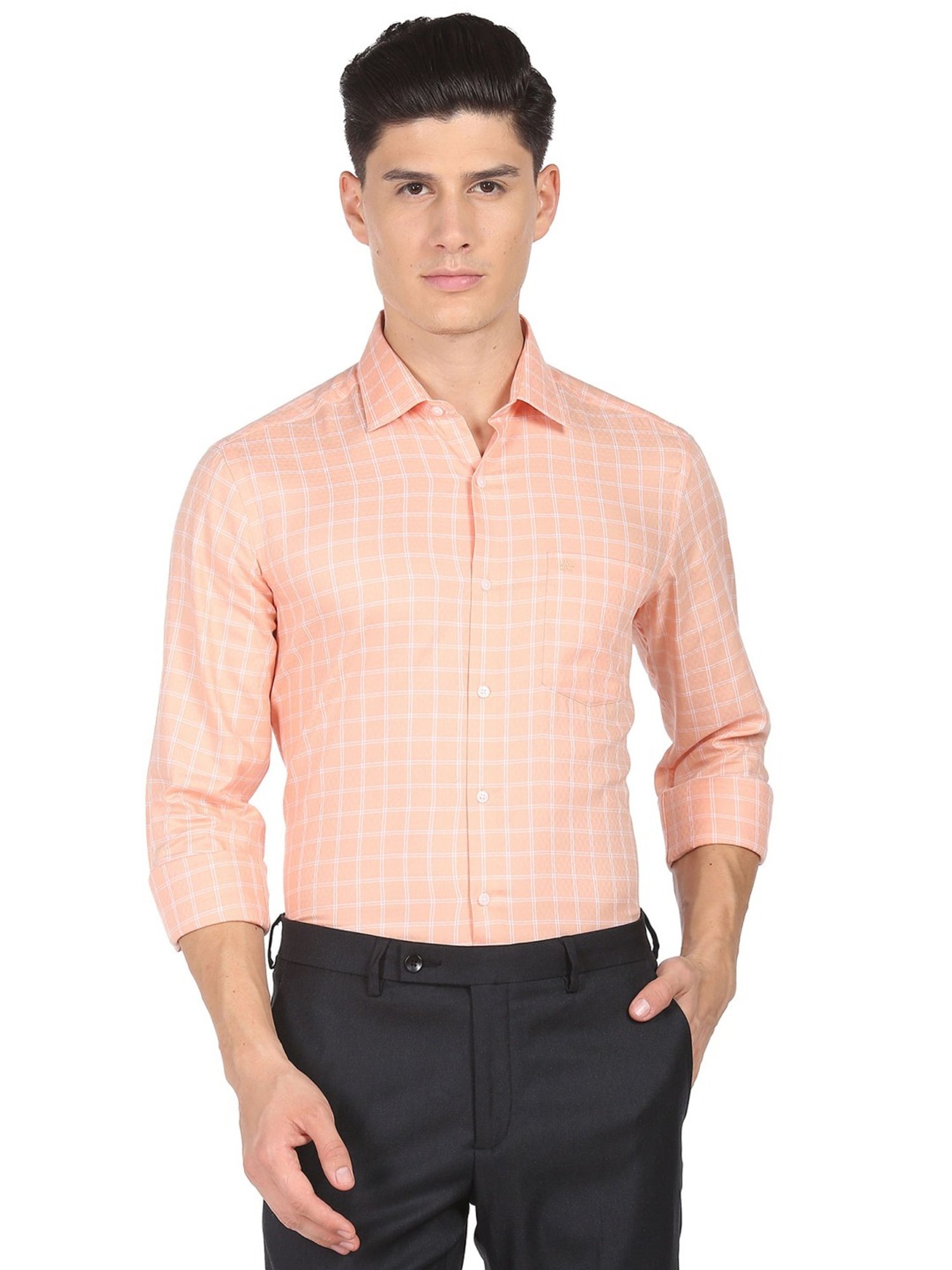 Arrow Orange Cotton Slim Fit Checks Shirt