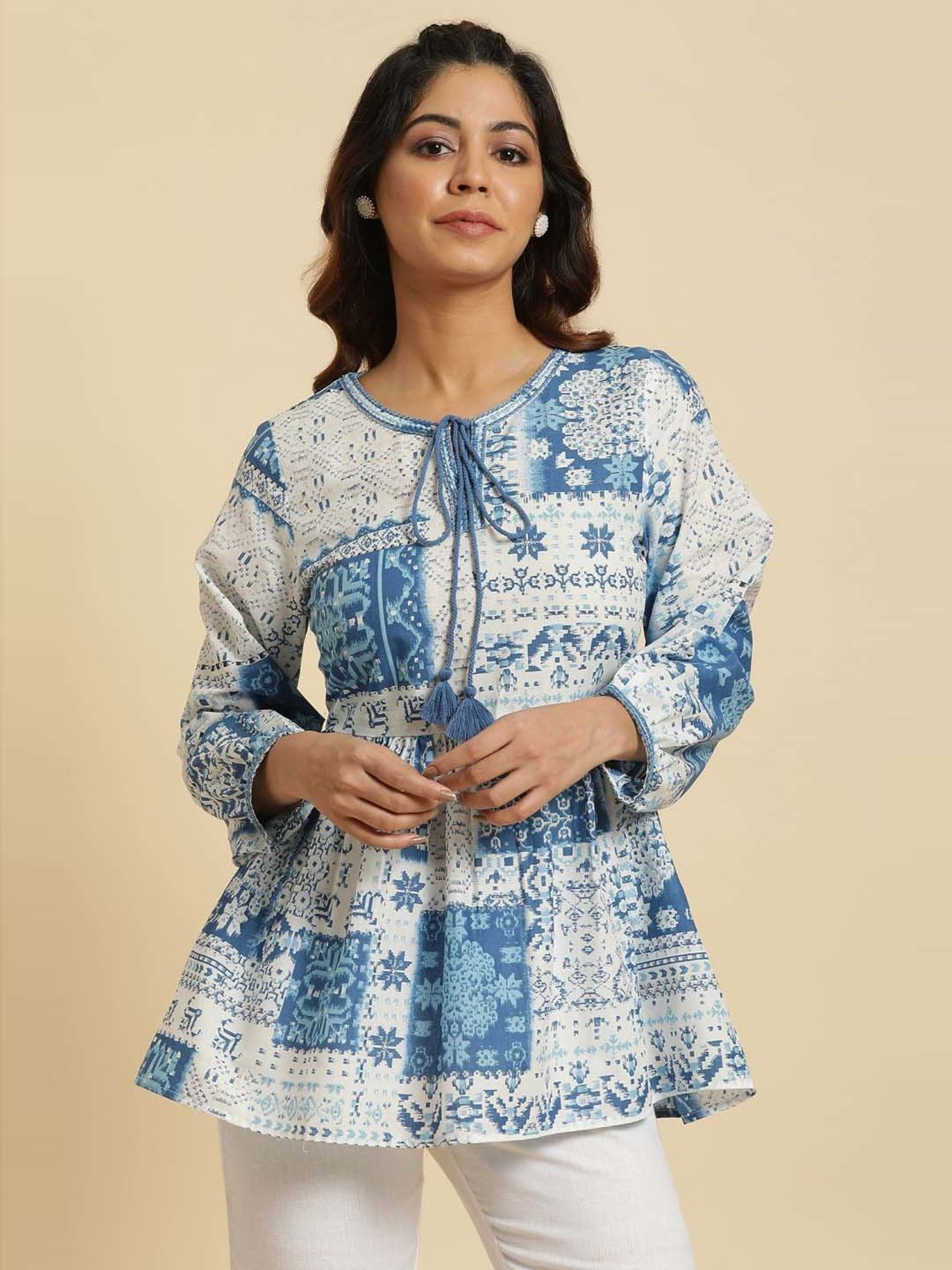 W White & Blue Cotton Printed Top