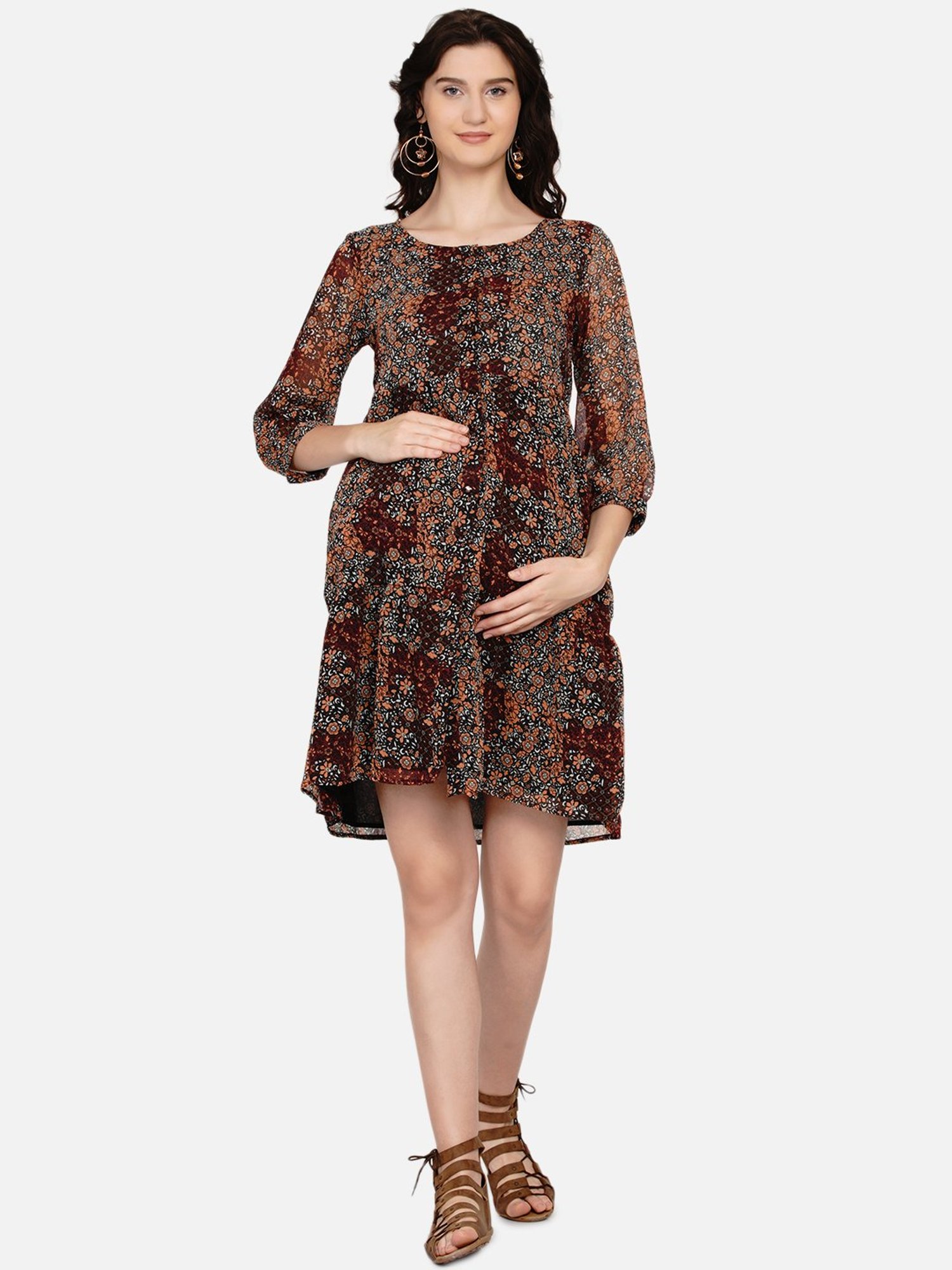Mine4Nine Brown Printed Maternity Dress