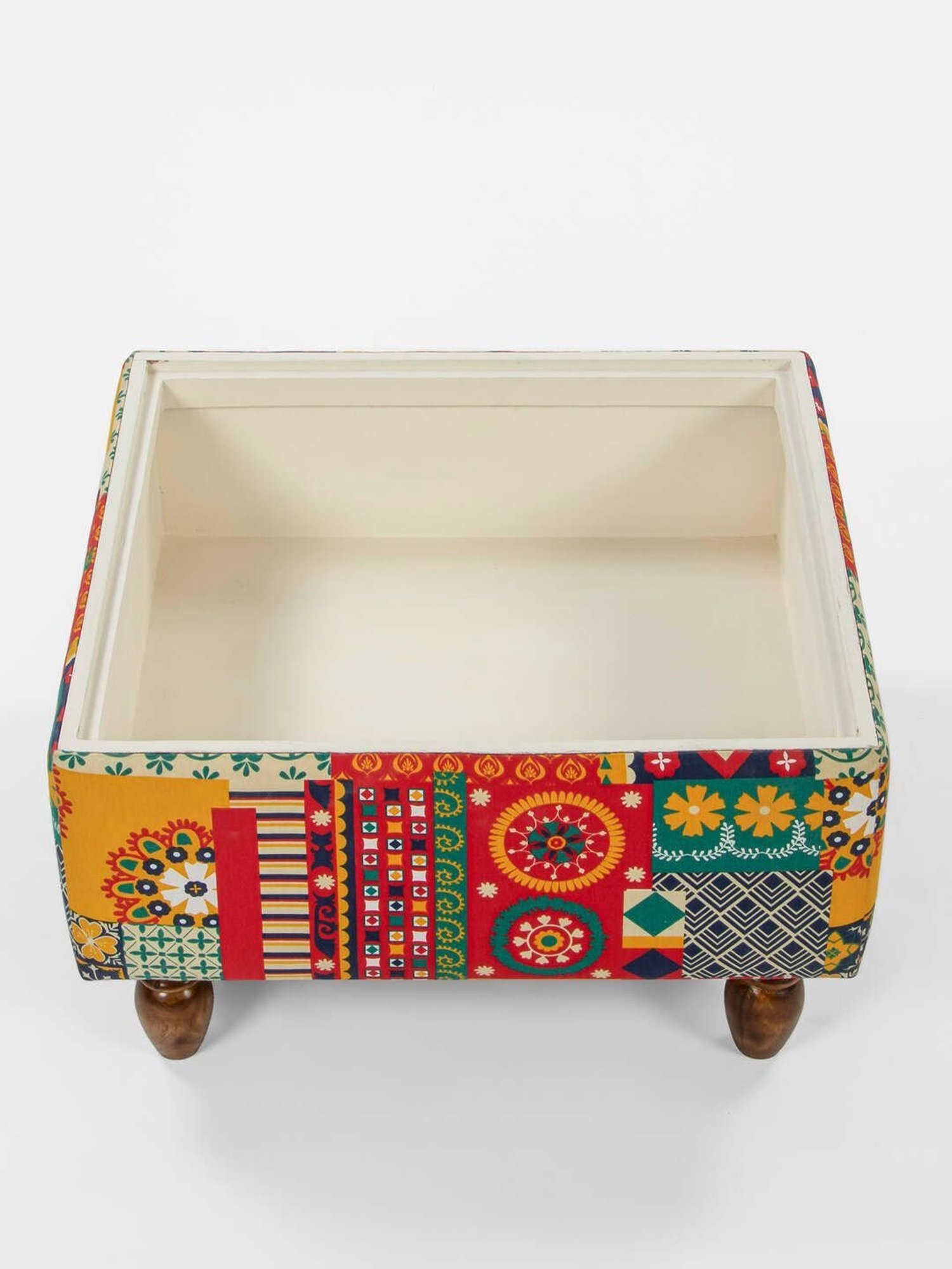 Chumbak Swirls Printed Red Sheesham Wood Modern Trunk Storage Ottoman