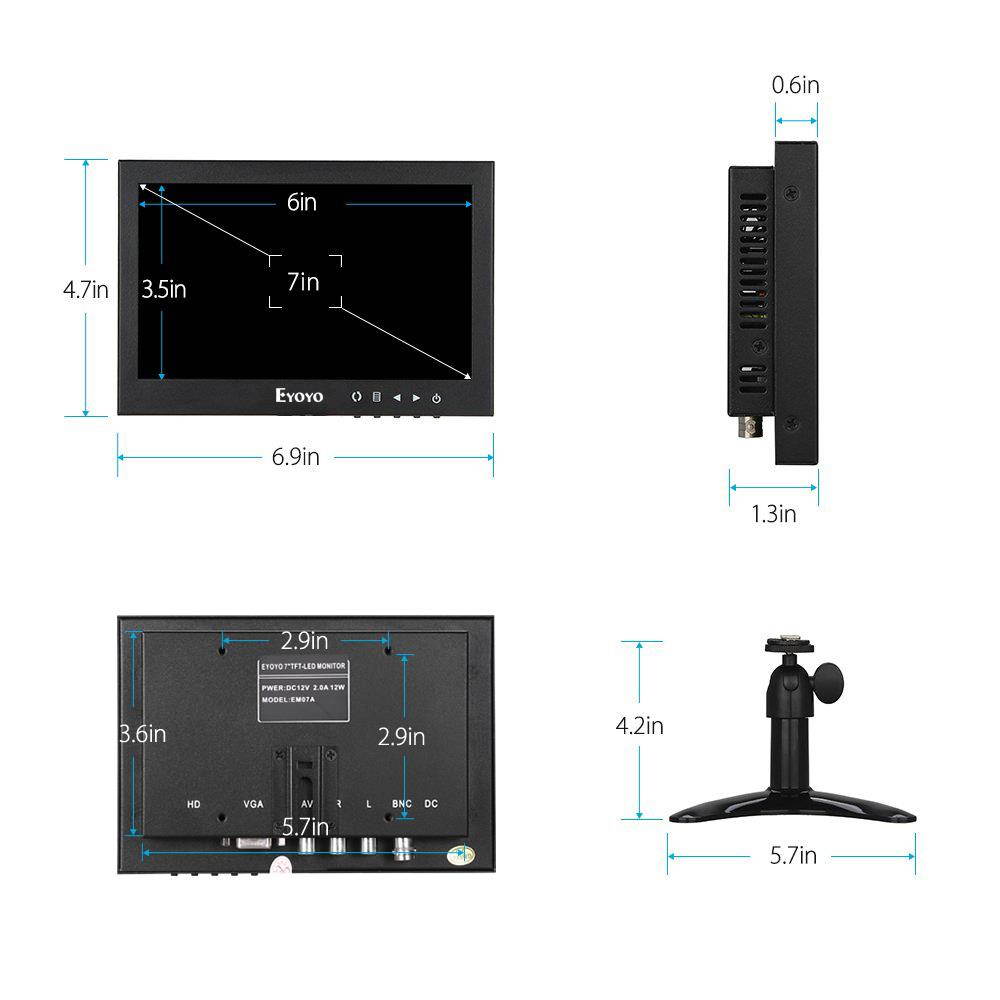 7" inch 1024*600 Video Audio HDMI Monitor BNC/VGA/AV Input For Car View Camera
