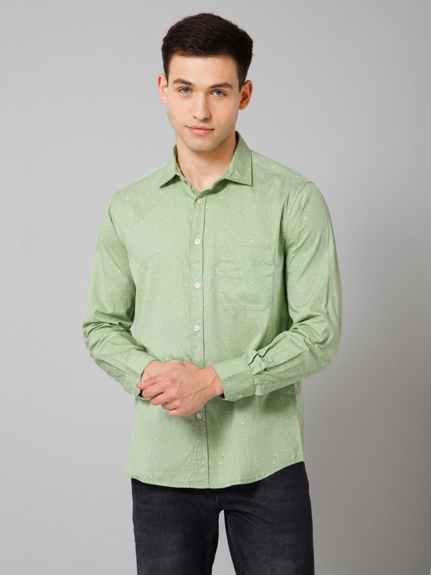 Cantabil Green Cotton Regular Fit Printed Shirt