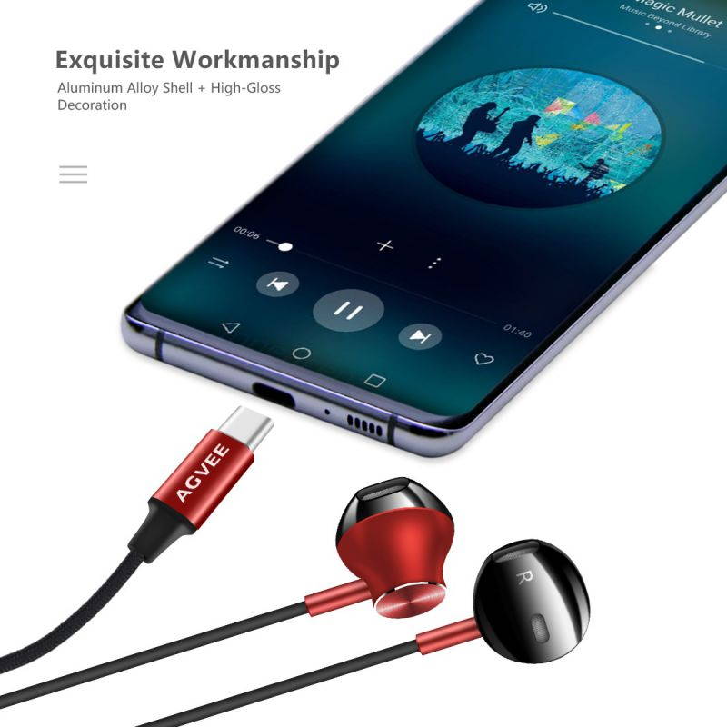 AGVEE Digital USB-C Headphones, Type-C Eabuds Active Noise Cancelling in-Ear Earphones with Mic Wired 32Bit 384Khz for Samsung S21 S20, Note 20 10, iPad Pro 2020 2018, Pixel 5 4 3 2, Red