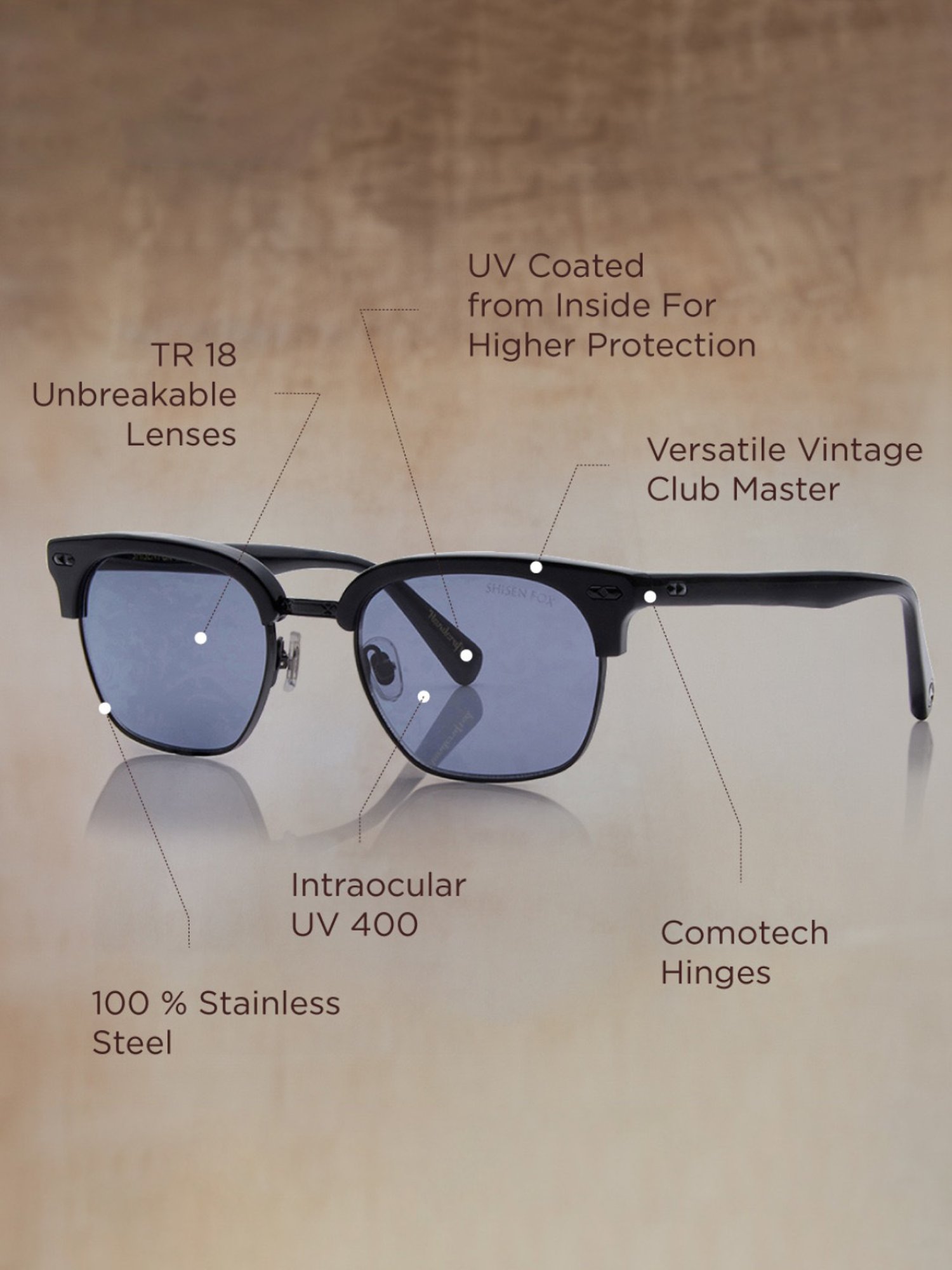 Shisen Fox Kurabu Piano Black Clubmaster Unisex UV Protection Sunglasses -53 mm