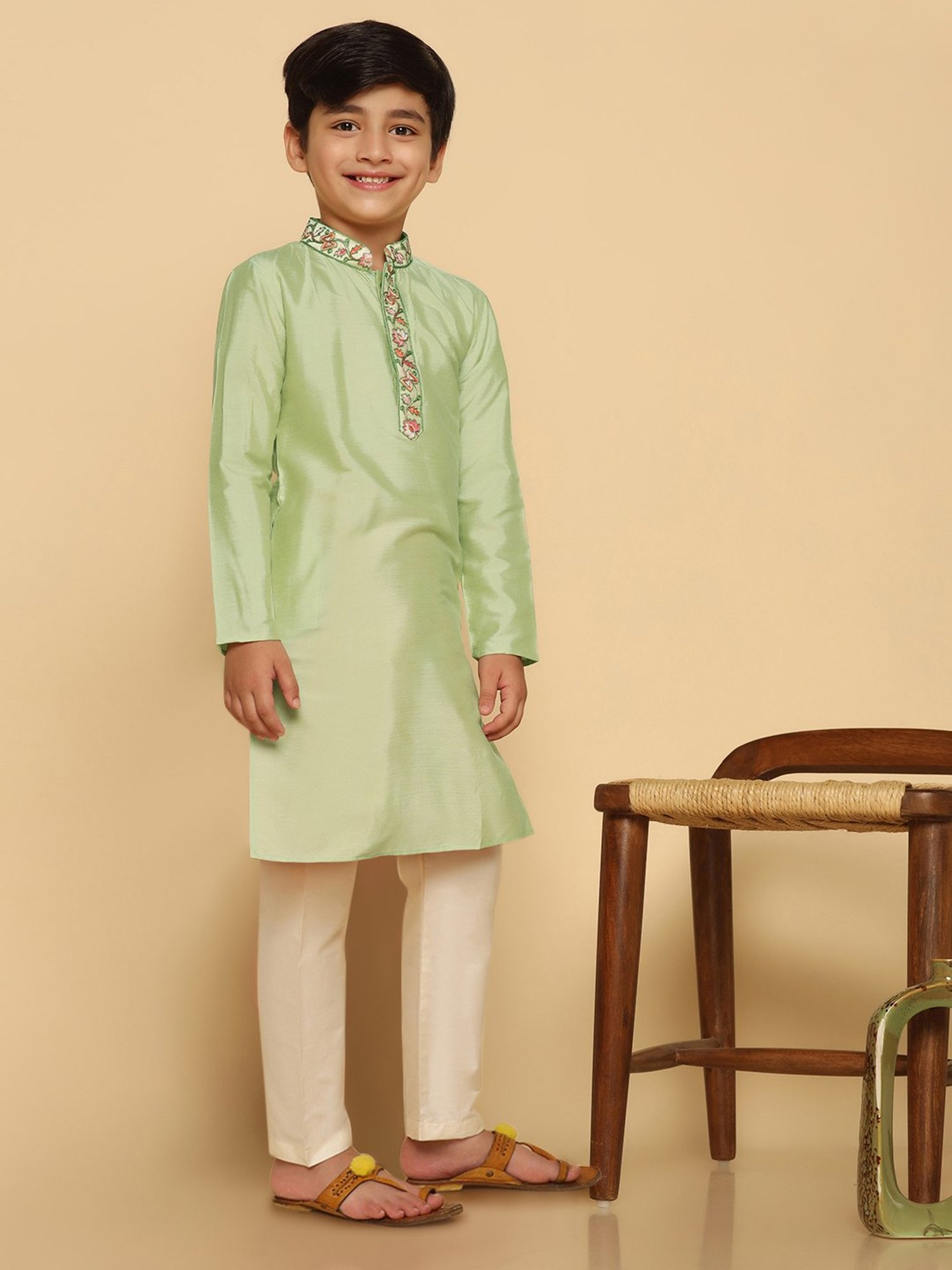 VASTRAMAY Boys Yellow & White Cotton Printed Full Sleeves Kurta Sets