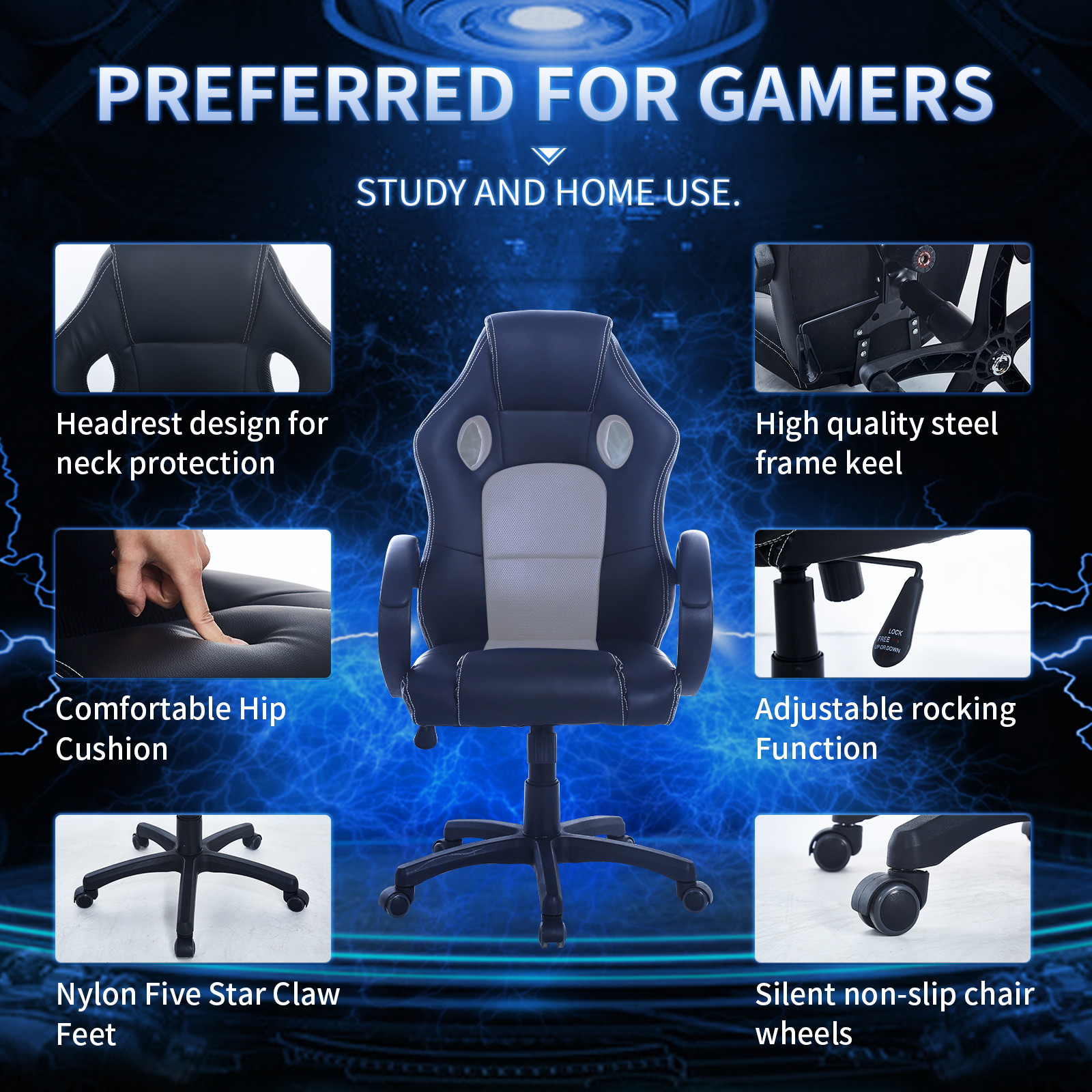 Gaming Chair, Racing Style Computer Desk Chair Padded Armrests Ergonomic Lumbar Support Adjustable Height