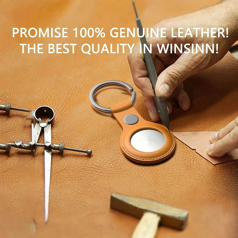 WINSINN Genuine Leather Case for AirTag Finder, Anti-Scratch Protective Skin Cover with Keychain, Compatible with AirTags 2021 (Black)