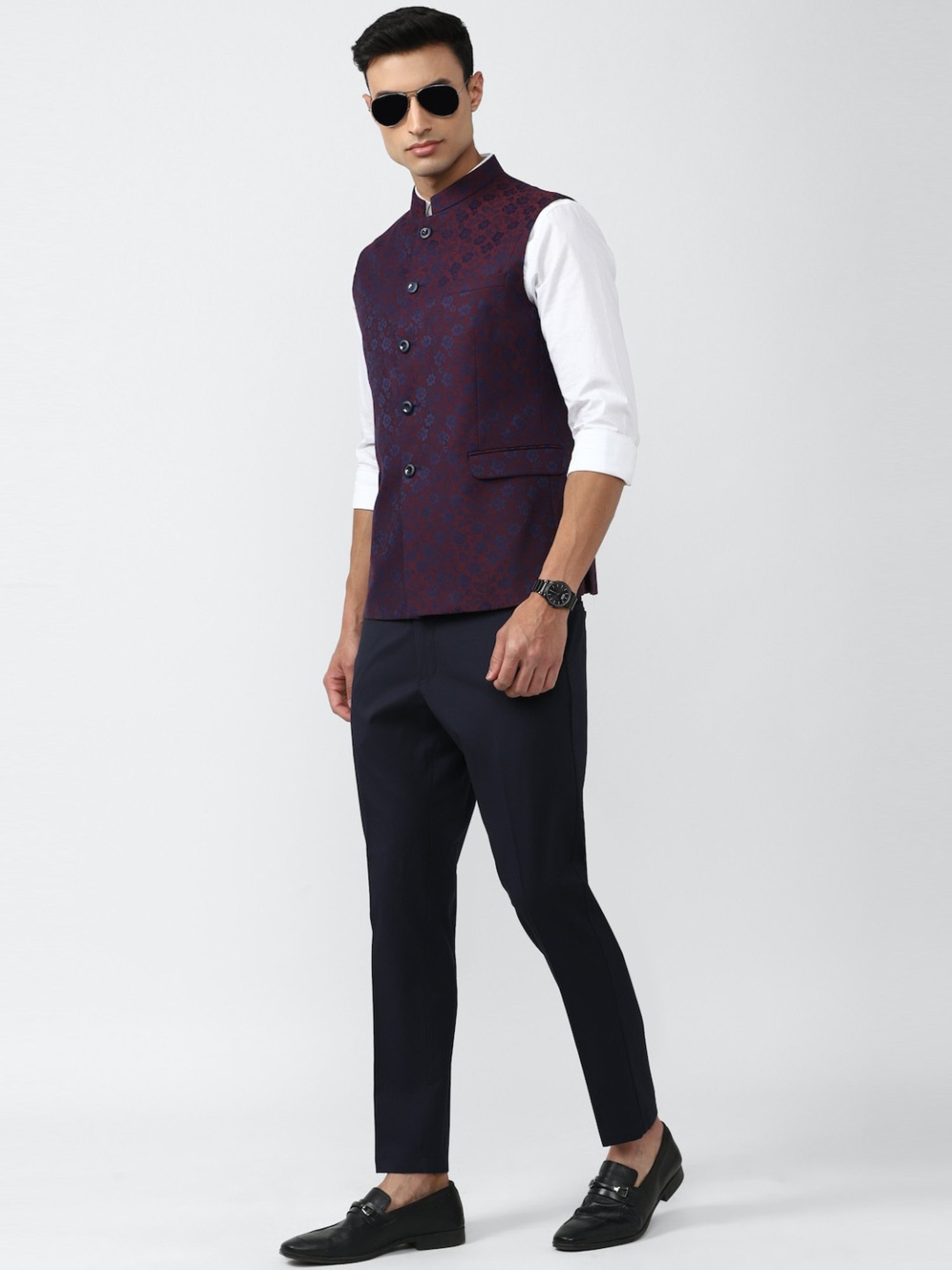 V Dot Purple Slim Fit Printed Nehru Jacket