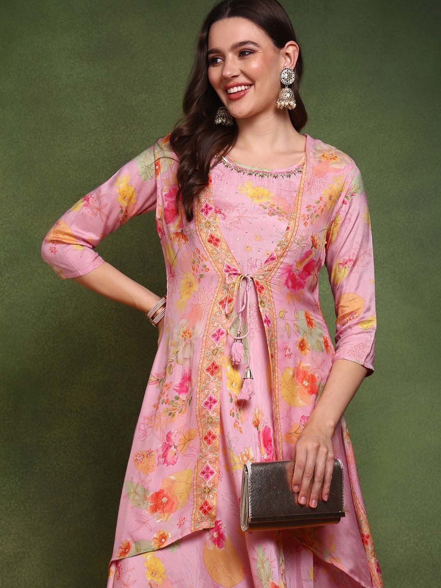 Vaamsi Pink Printed Maxi Dress With Shrug