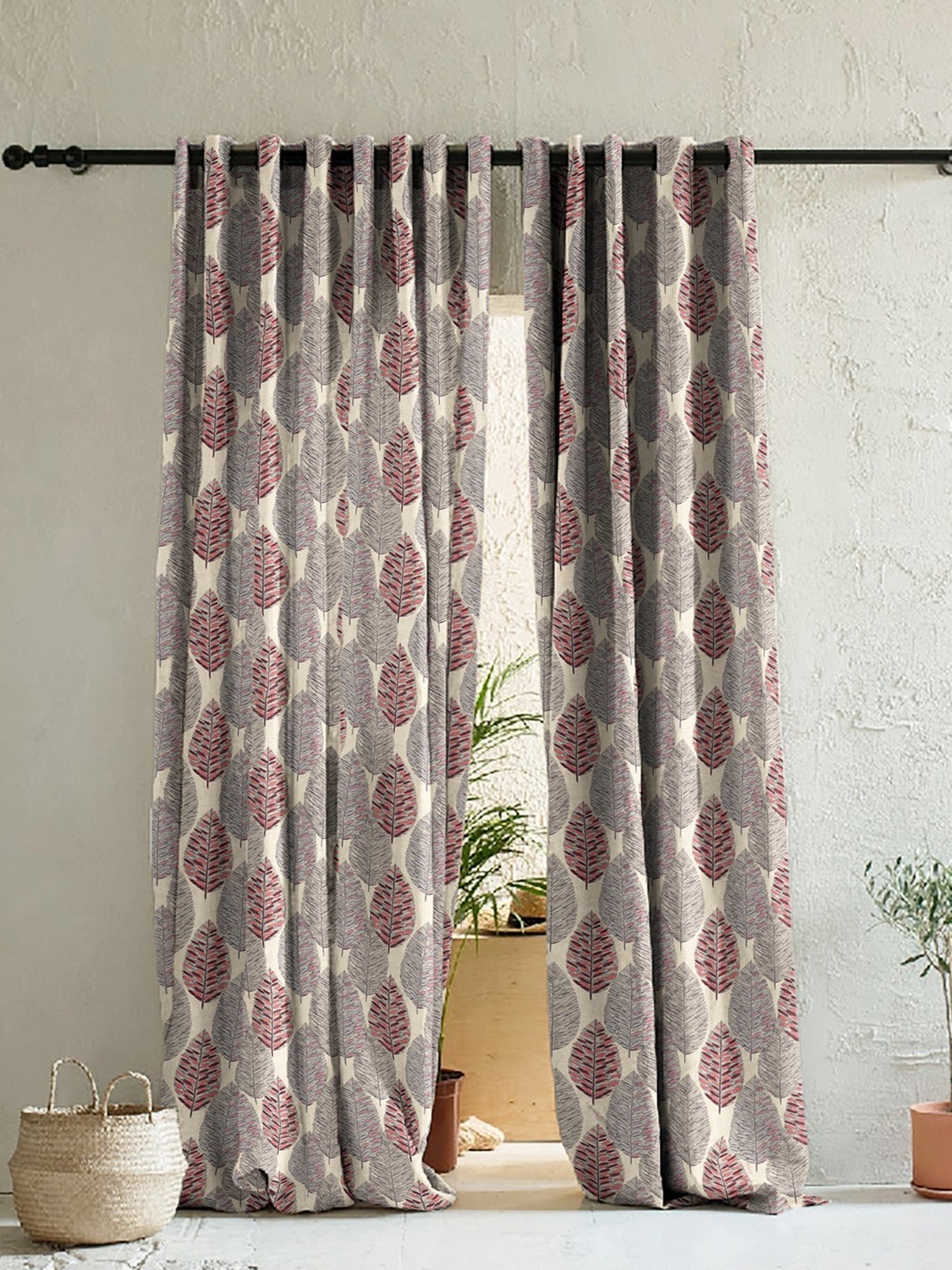 SPACES DRAPE STORY Elegent Grey & Pink Polyester 8 FT Door Curtain - Set of 2