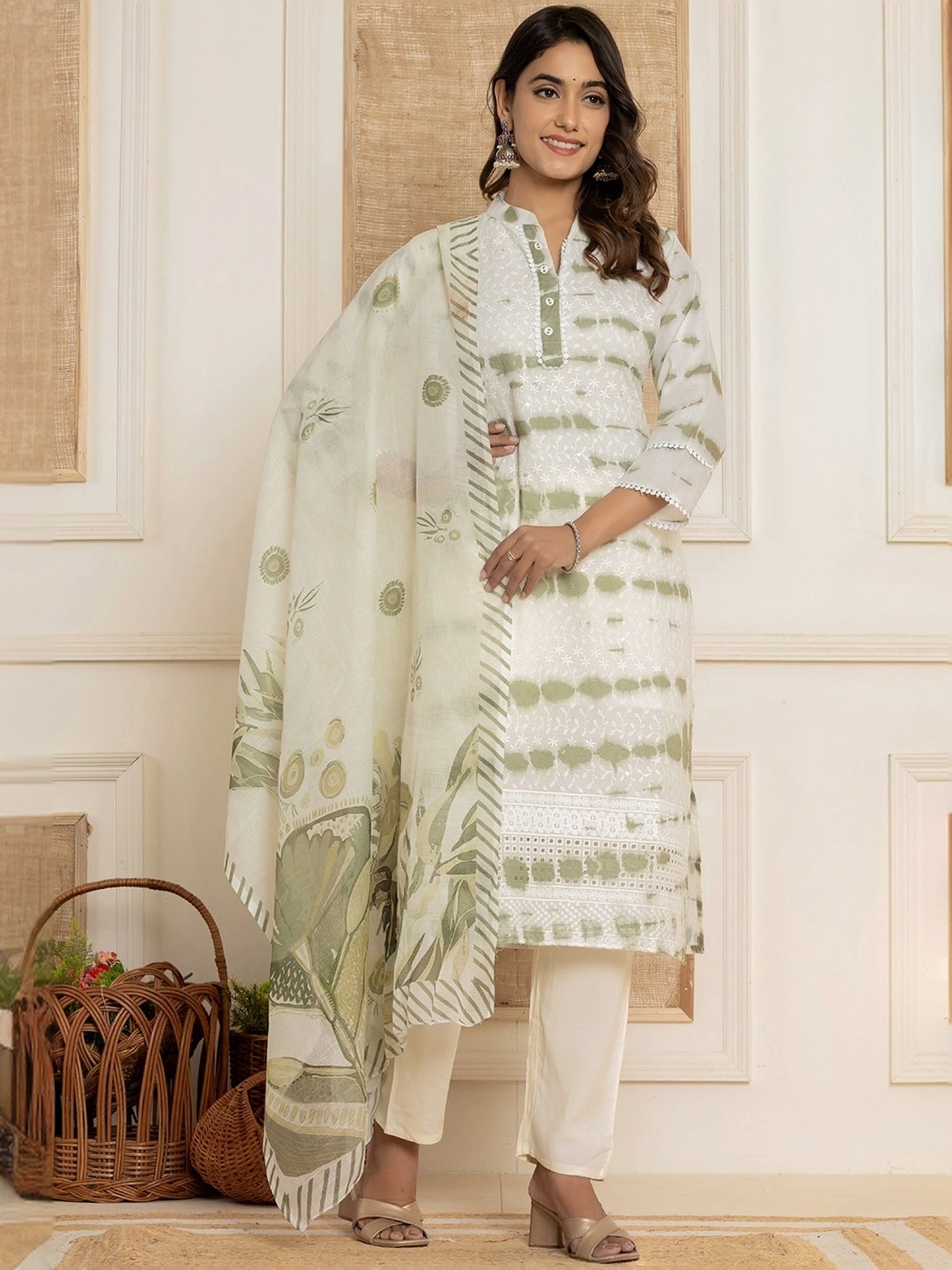 Yufta Green & White Cotton Printed Kurta Pant Set With Dupatta
