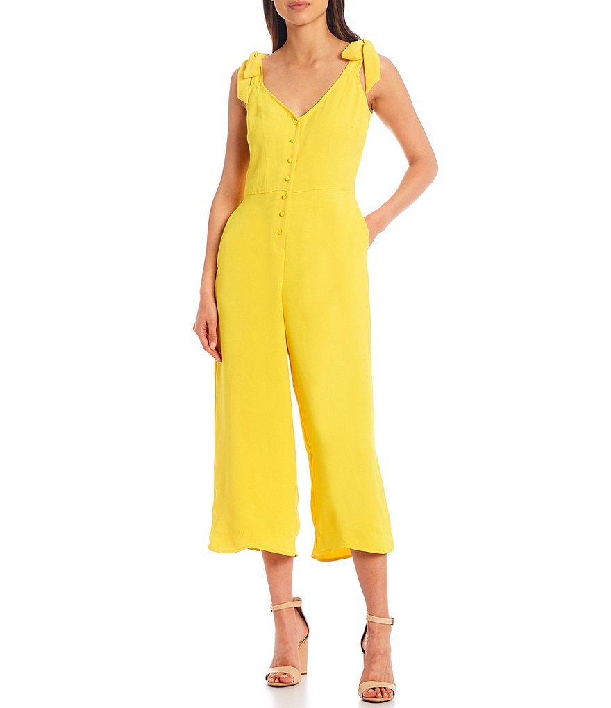 Chelsea & Violet Wide Leg Button Front Washed Pique V-Neck Sleeveless Jumpsuit