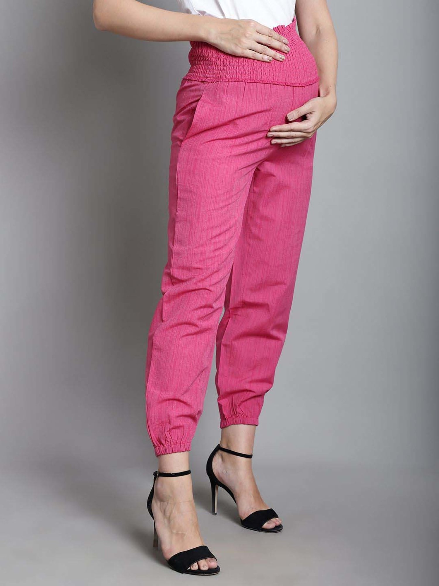 Moms Maternity Pink Cotton High Rise Maternity Joggers