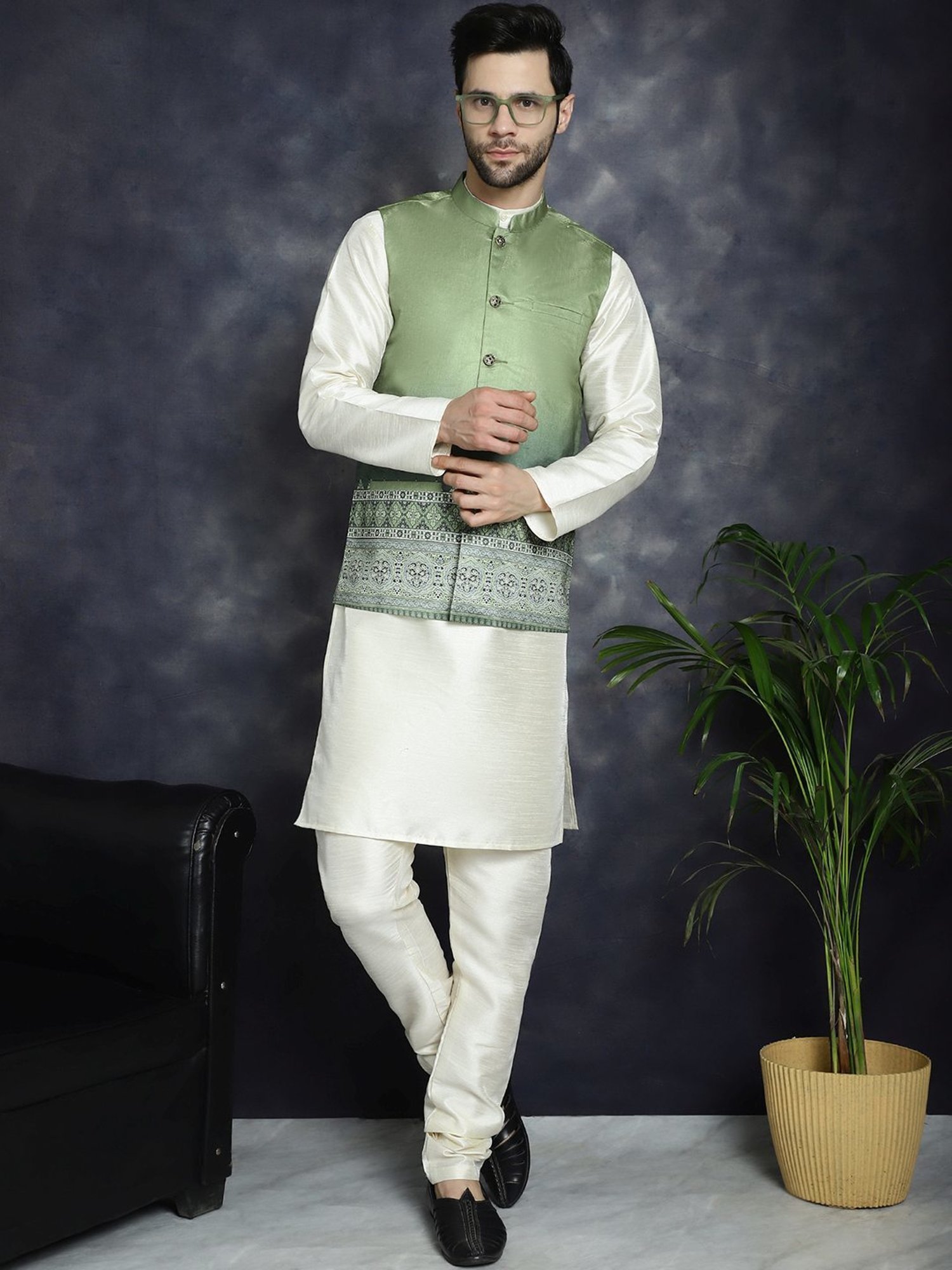 Jompers Green Regular Fit Printed Nehru Jacket