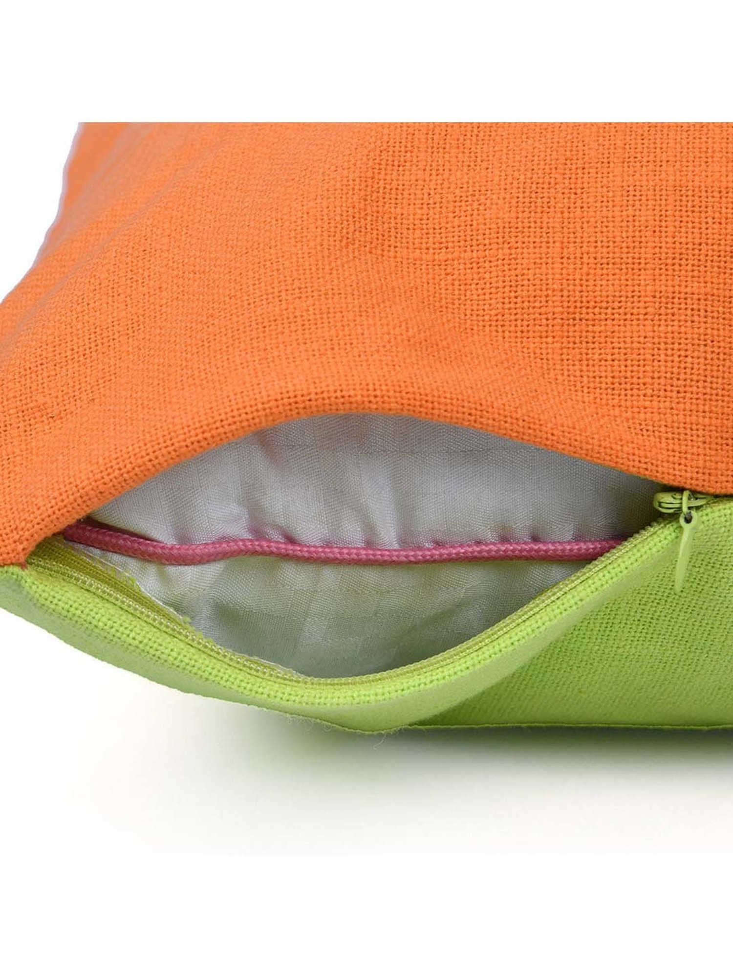 @home Orange & Green Cotton Two Sided Pom Pom Cushion Cover With Zipper