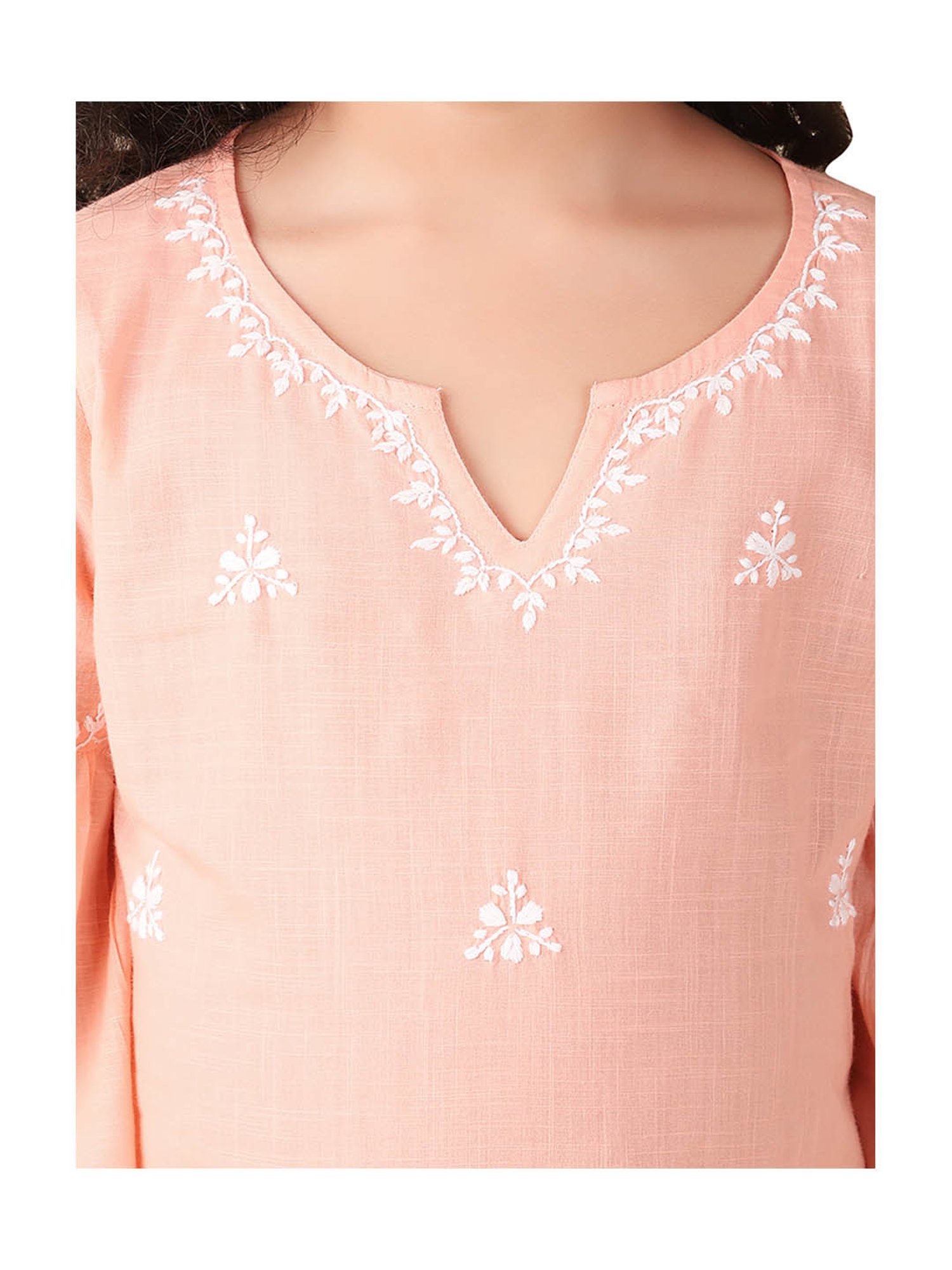Fabindia Kids Peach & White Embroidered Kurta, Sharara with Dupatta