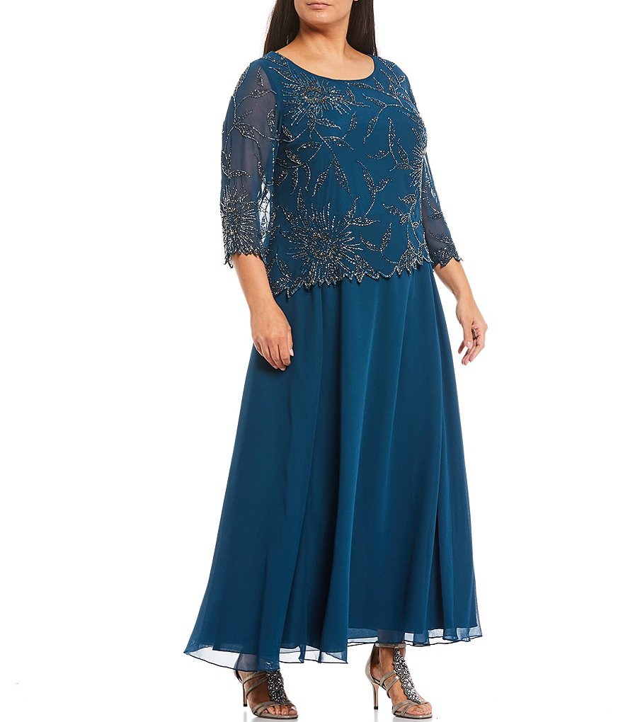 Jkara Plus Size Scoop Neck Beaded Bodice Chiffon 3/4 Sleeve Gown