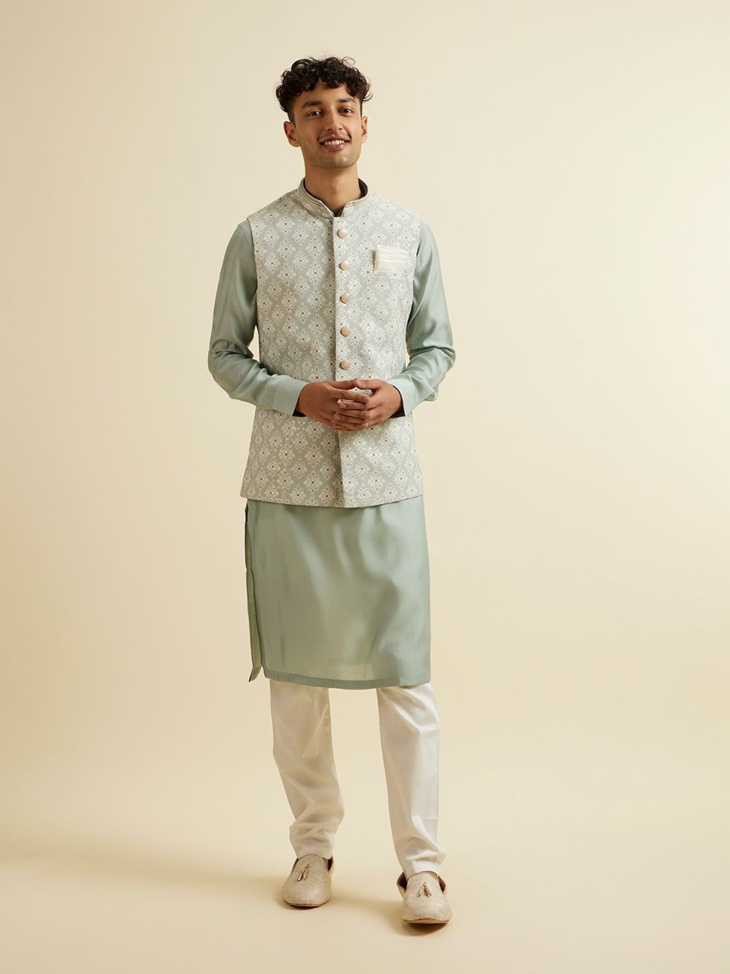 Manyavar Green Regular Fit Embroidered Nehru Jacket