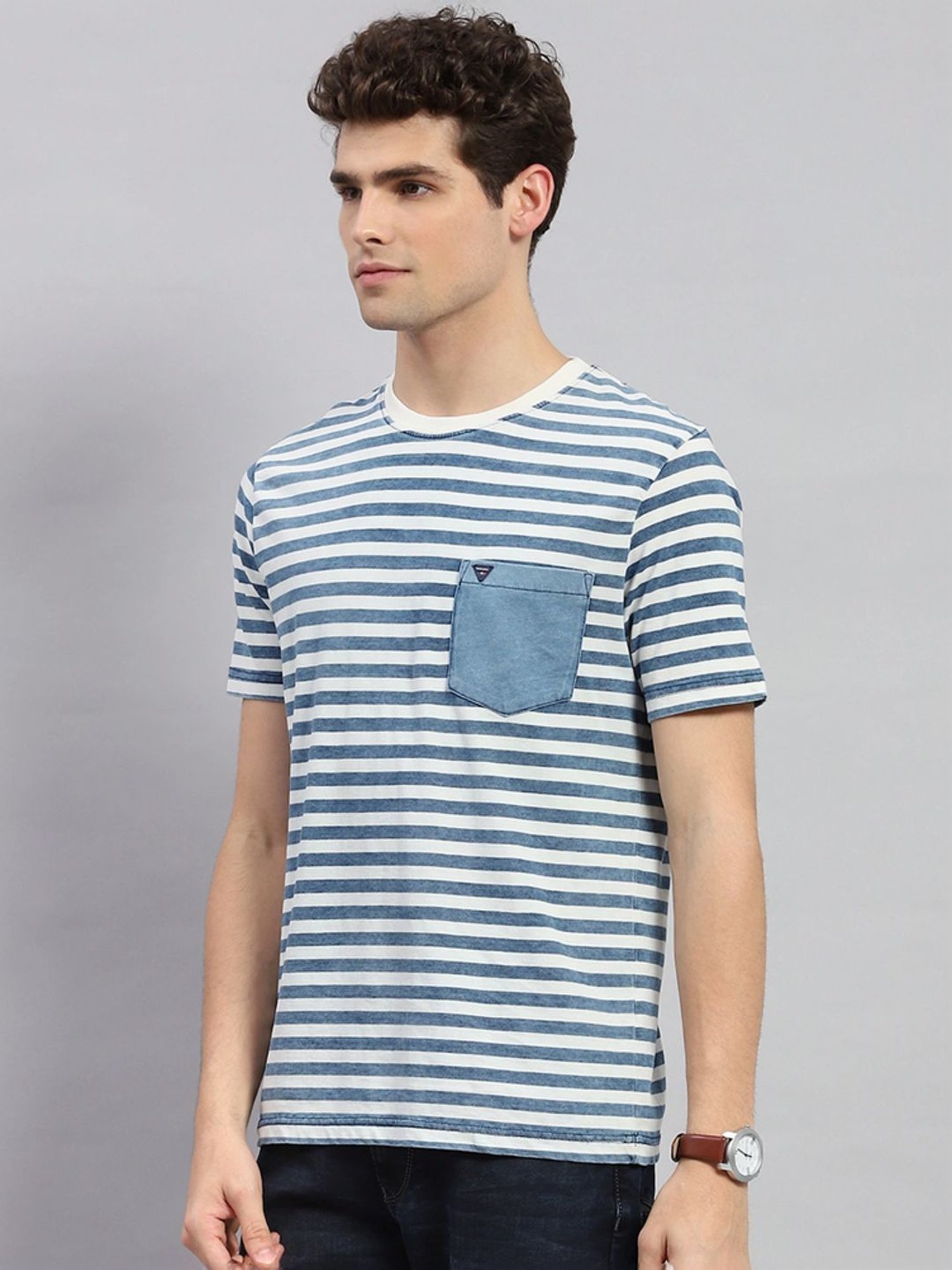 Monte Carlo Light Blue Regular Fit Striped T-Shirt