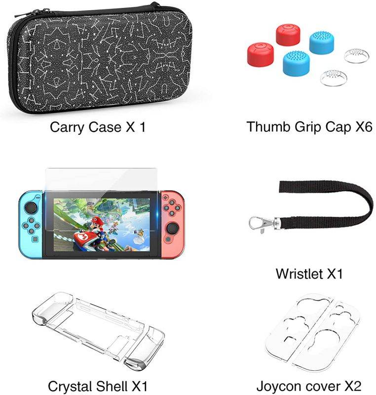 HEYSTOP Switch Carrying Case for Nintendo Switch Case with Screen Protector, 9 in 1 Nintendo Switch Accessories Kit and 6 Pcs Thumb Grip, Nintendo Switch Protective Case