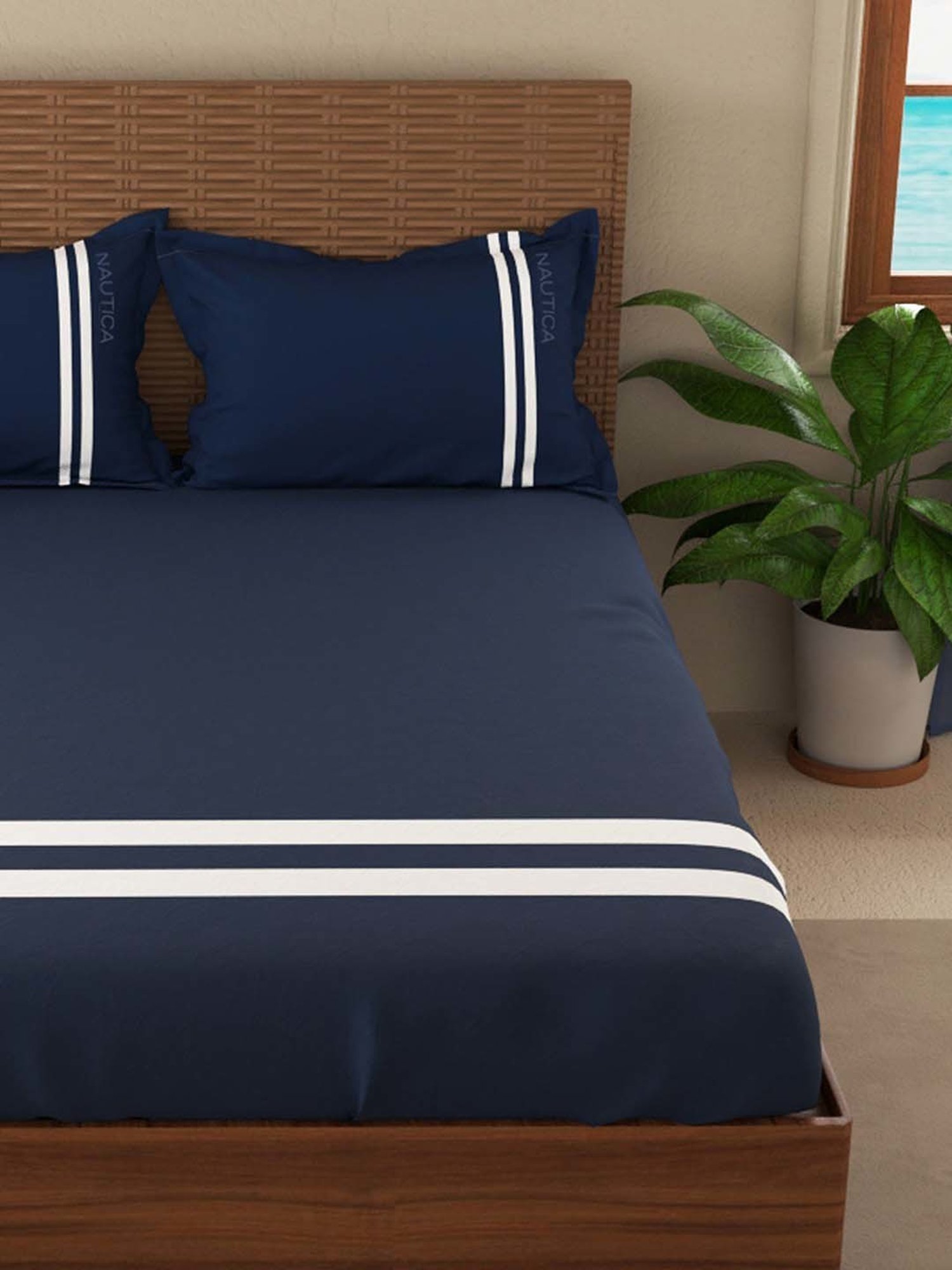 NAUTICA Coastal Stripes Navy & White Cotton Super King Size Bed Sheet With Pillow Covers