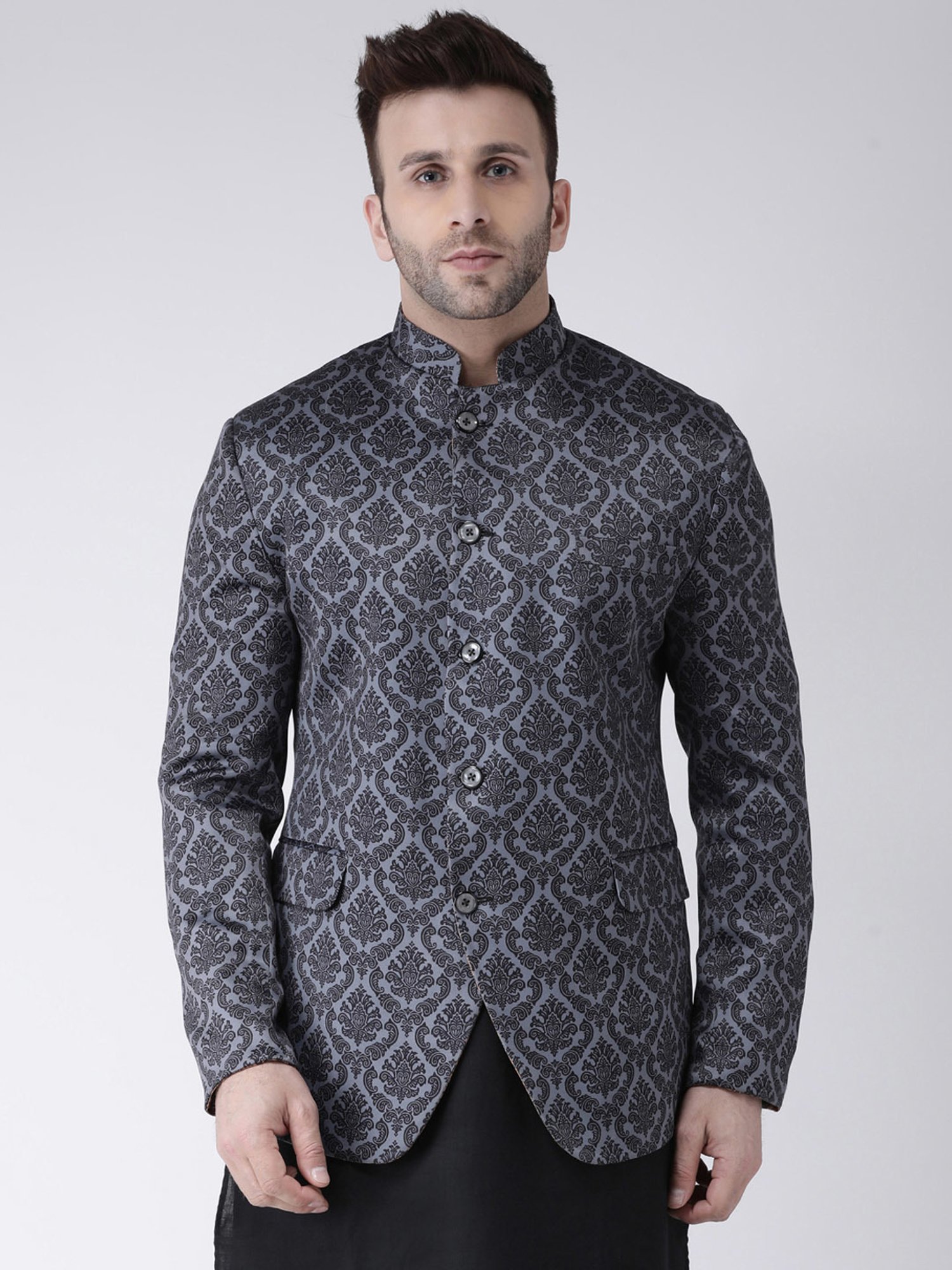 Hangup Plus Black Regular Fit Printed Ethnic Blazer