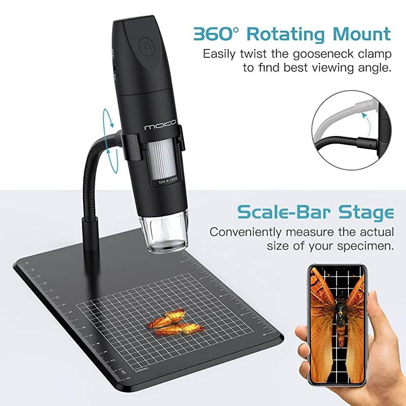 WiFi USB Digital Microscope 1080P HD 2MP Camera 50x to 1000x Magnification Mini Pocket Handheld Wireless Endoscope 8 LED Arm Stand Compatible with iPhoneiPadMacWindowAndroidiOS Black
