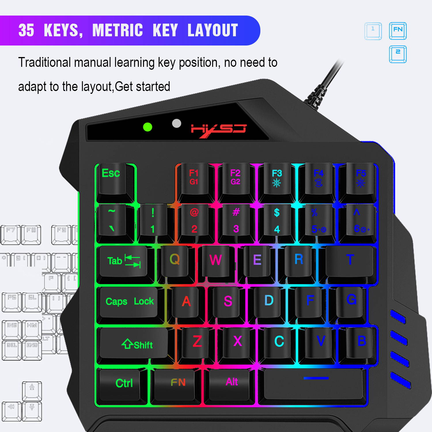 HXSJ V500 Gaming One-handed Keyboard RGB Luminous Keyboard Built-in Converter Support PS3 PS4