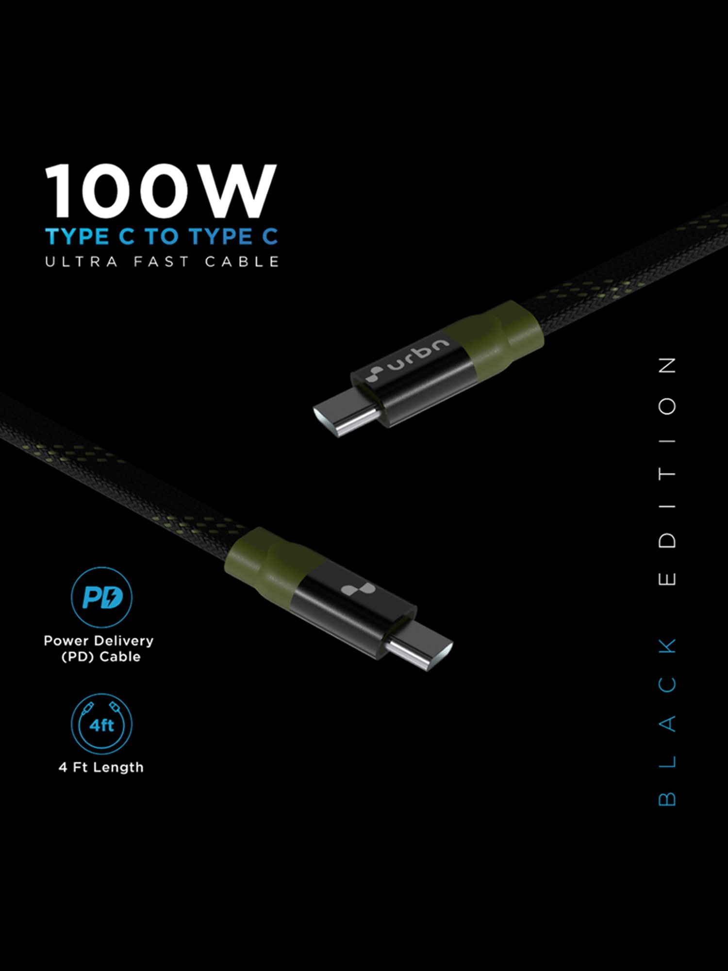 URBN 100W Super Fast PD Cable, Type C to C, Flat Cable, Made for Mobiles & Laptops 4 Feet (Camo)