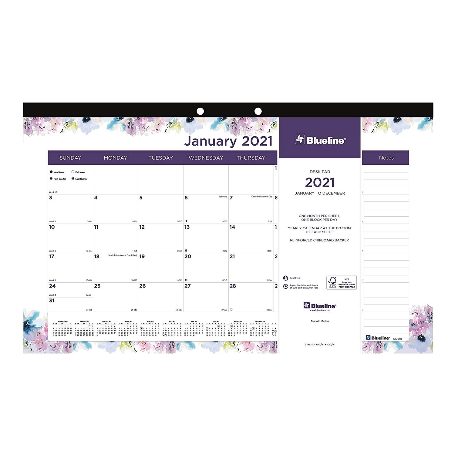 Blueline 2021 Monthly Colorful Desk Pad, 17.75 x 10.875 inches, Passion Design (C195113-21)