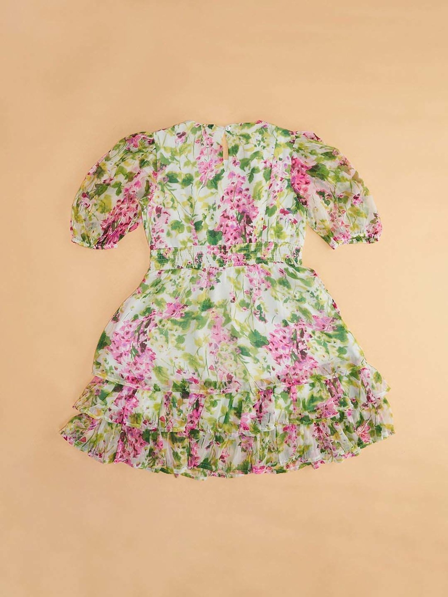 Pantaloons Junior Green & Pink Cotton Floral Print Dress