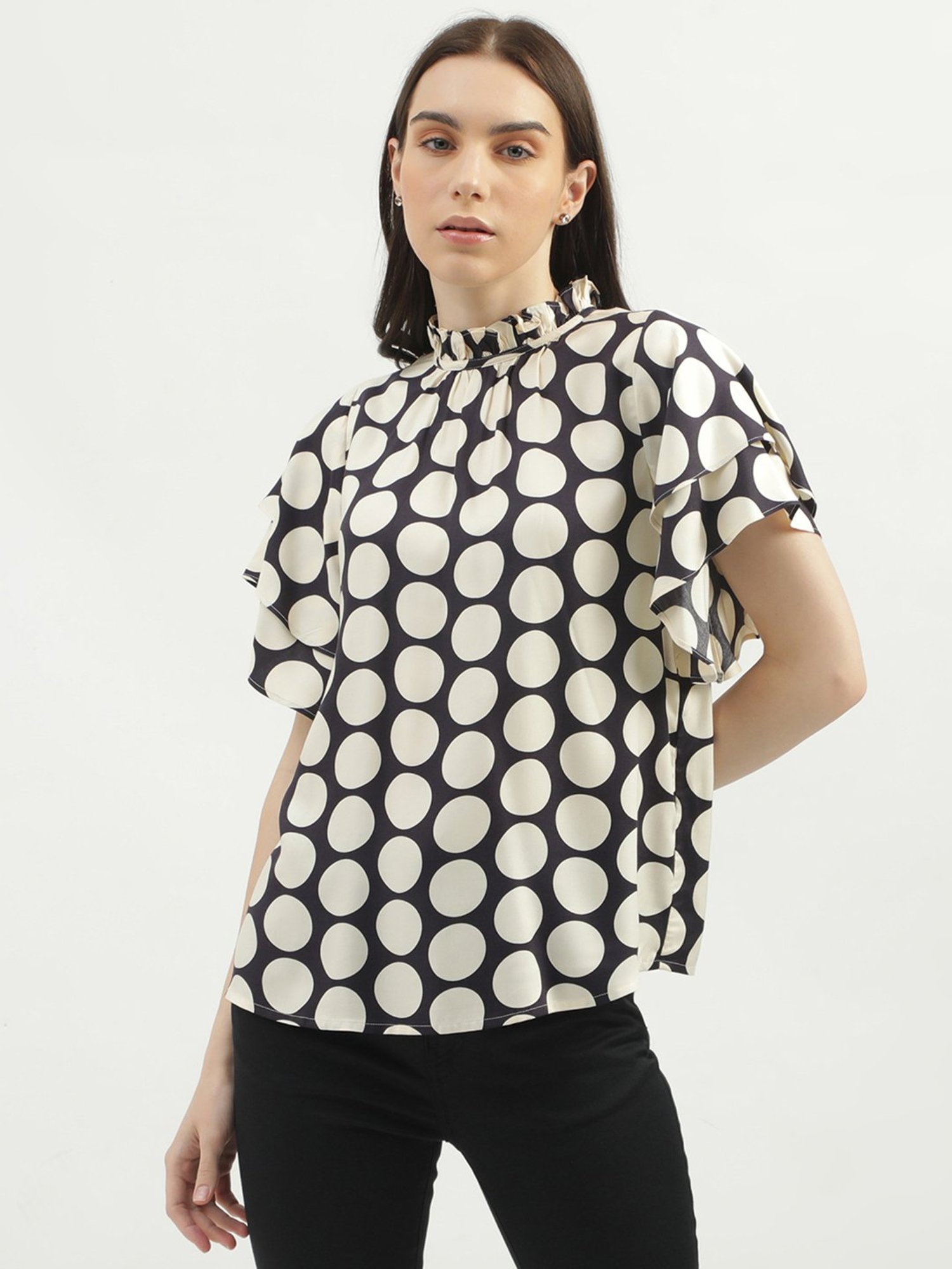 United Colors of Benetton Beige & Black Polka Dot Top