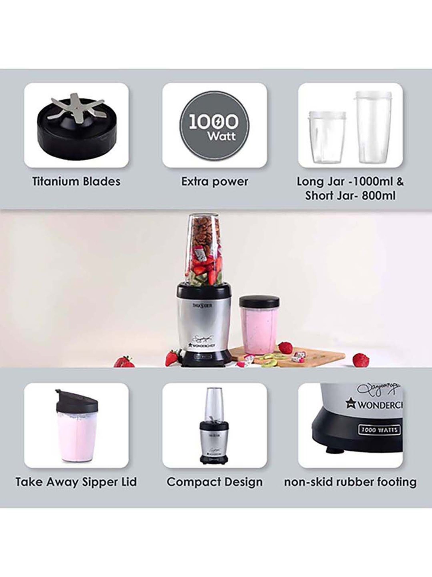 Wonderchef Nutri-Blend Thunder 1000W Mixer Grinder Blenders with 2 Jars (Grey)