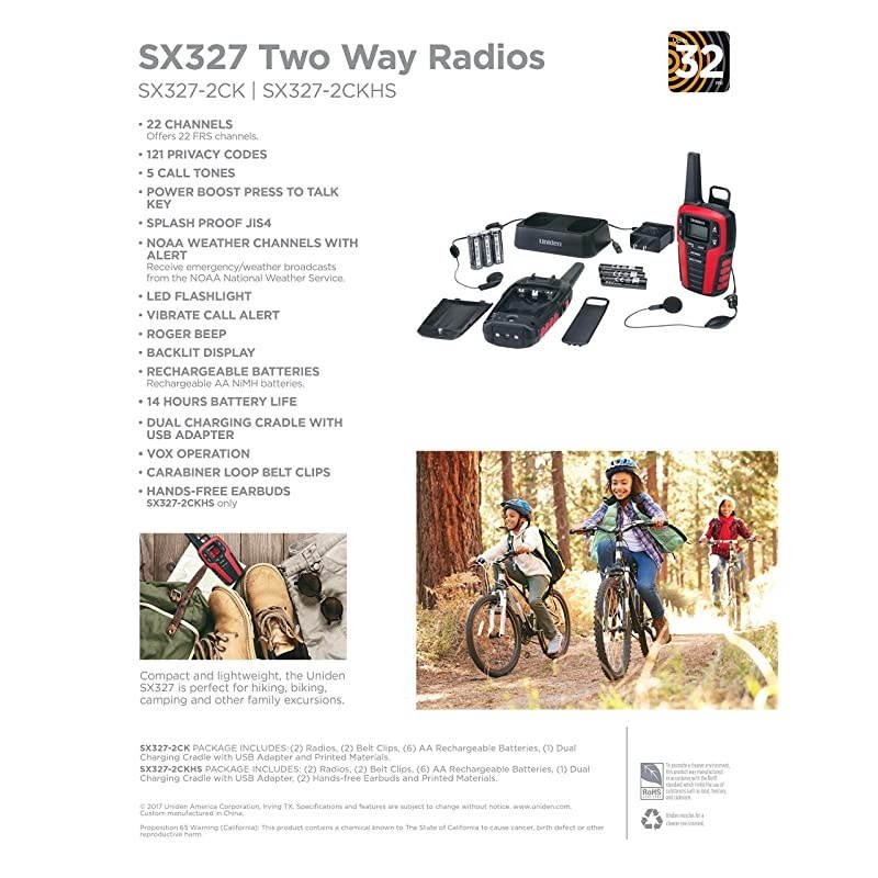 SX3272CK Up to 32Mile Range FRS TwoWay Radio Walkie Talkies Dual Charging Cradle Water Resistant 22 Channels w 121 Privacy Codes Power Boost NOAA Weather and LED FlashlightStrobe