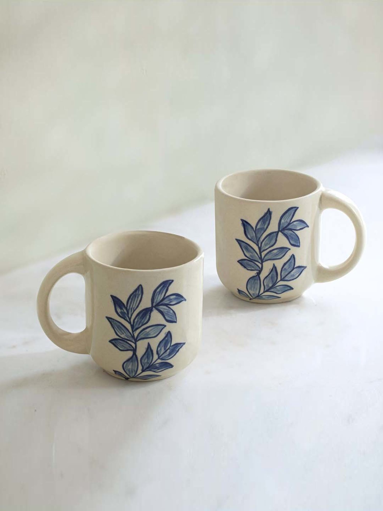 Ellementry Livada Off-White & Blue Ceramic Mug (0.2 L) - Set of 2