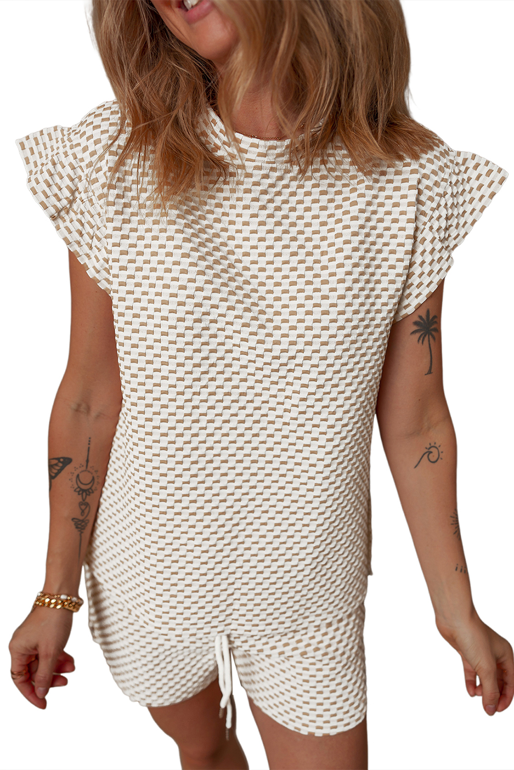 Skobeloff Textured Ruffle Split Top and Drawstring Shorts Set