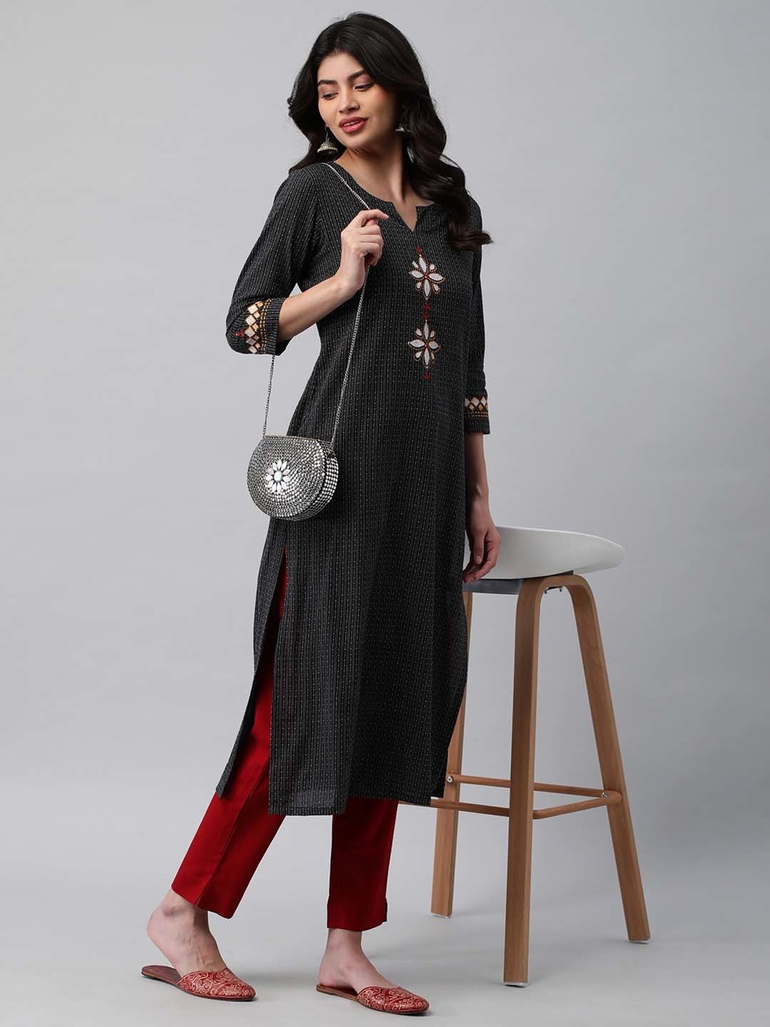 Kami Kubi Black Cotton Printed Straight Kurta