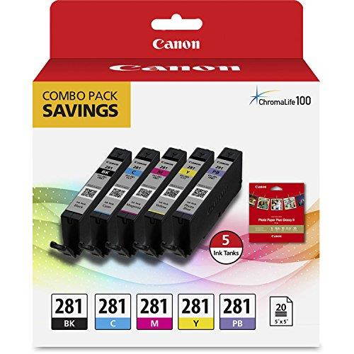 Genuine Canon CLI-281 5-Color Ink Tank Combo Pack with 5 x 5" Photo Paper (2091C006) + Canon PGI-280 XL Pigment Black Ink Tank (2021C001)