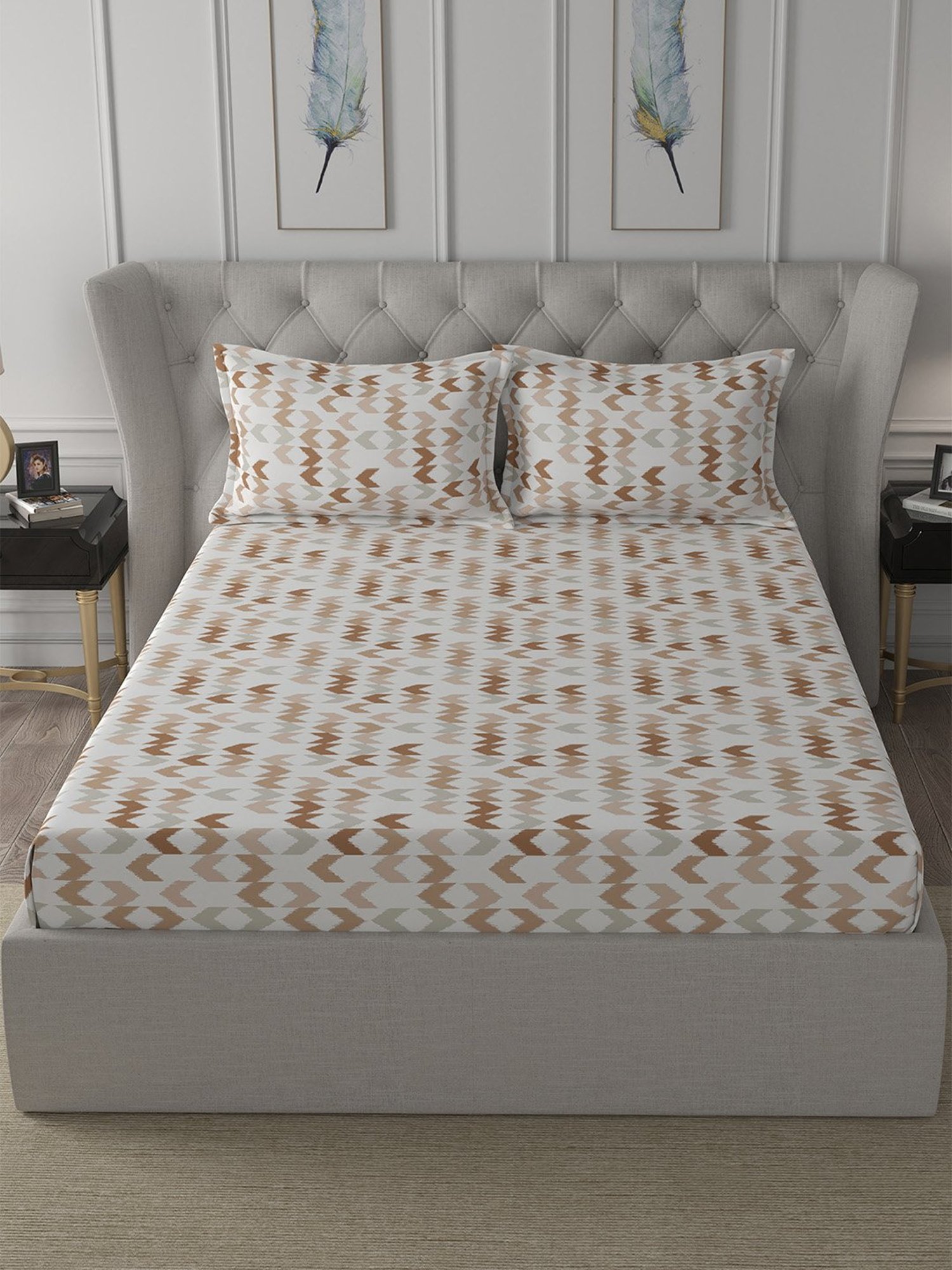 In-House by Maspar Peach 200 TC Cotton Printed Bed Sheet with 2 Pillow Cover