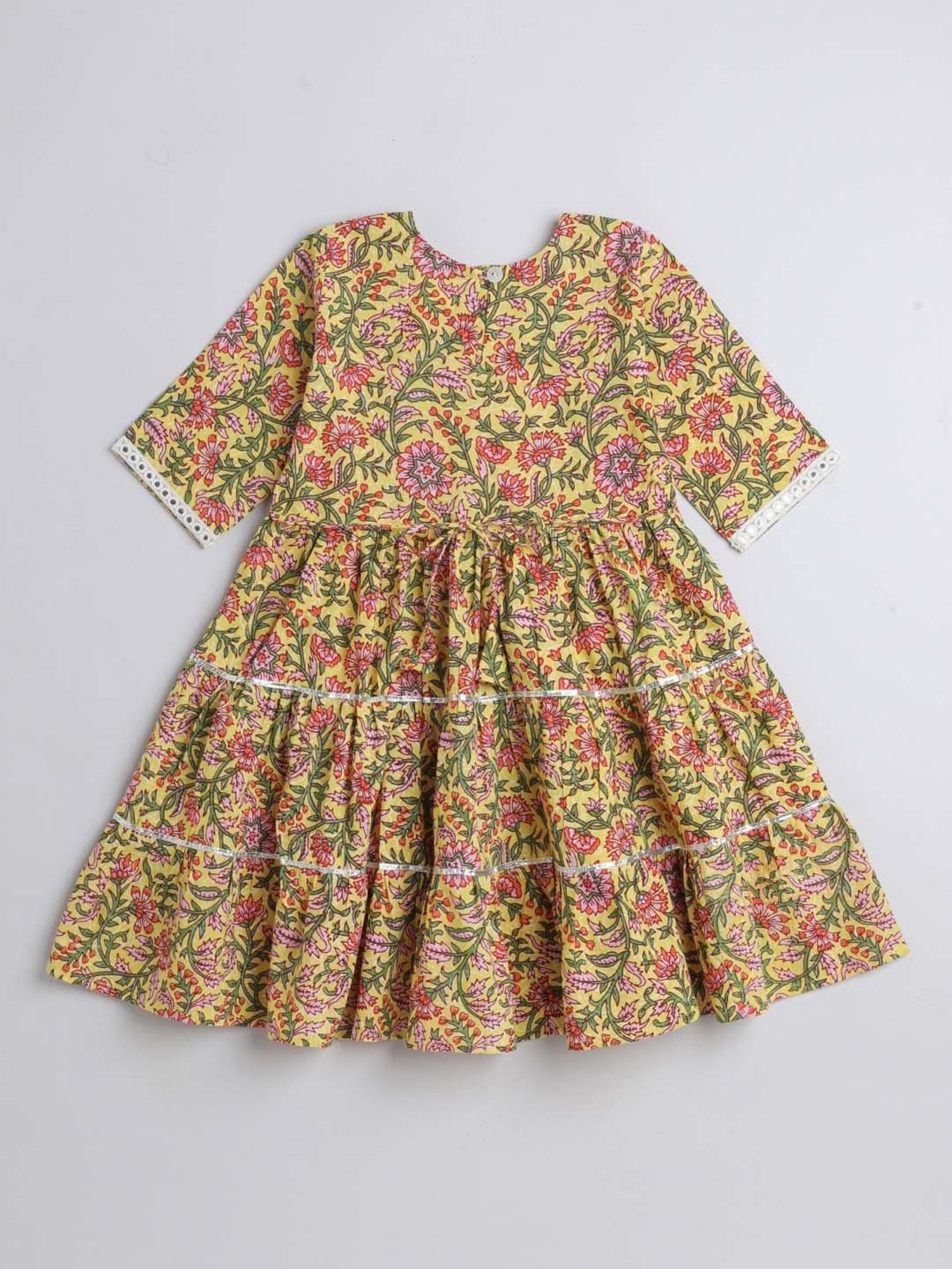 The Magic Wand Kids Yellow & Pink Cotton Floral Print Dress