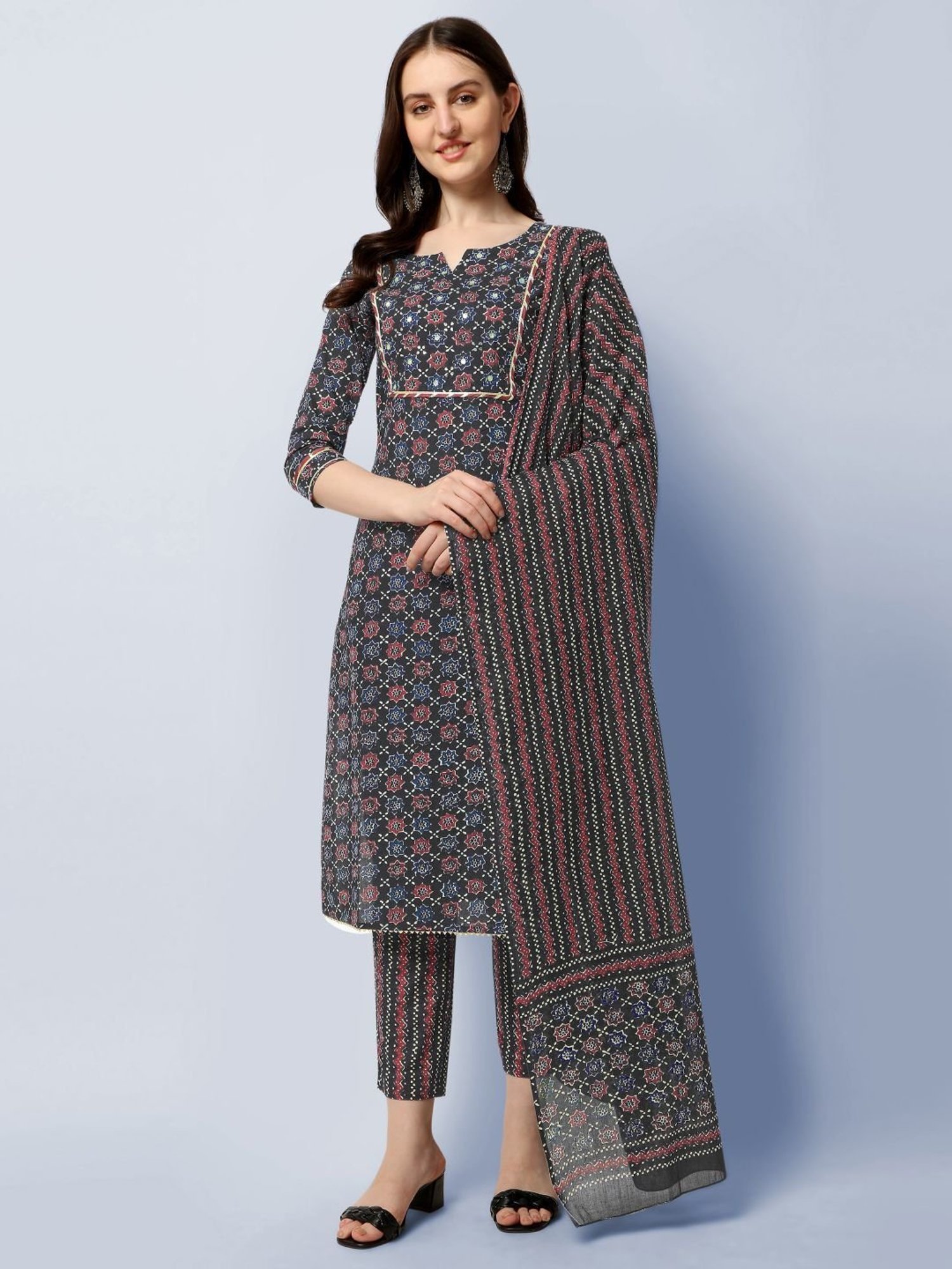 MIRCHI FASHION Black Cotton Embellished Kurta Pant Set With Dupatta