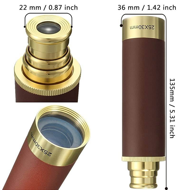 25x30 Zoomable Monocular Vintage Pirate Telescope Waterproof Aluminum Alloy Brass Adjustable Optics Telescope for Travel Navigation Sailing Voyage View Watching Games