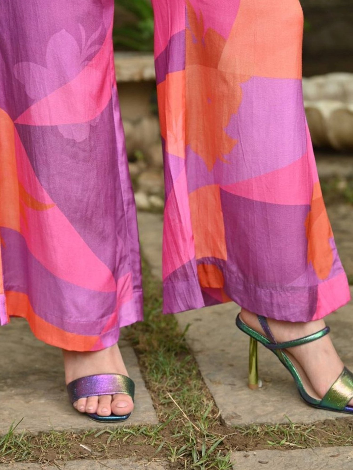 Mahee Jaipur Purple & Orange Purple and Orange Geometric Botanic design Shirt with Pant Co-ord Set