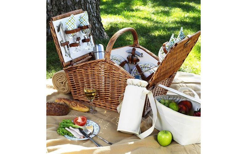 Picnic at Ascot Huntsman English- Style Willow Picnic Basket with Service for 4, Coffee Set and Blanket - Gazebo